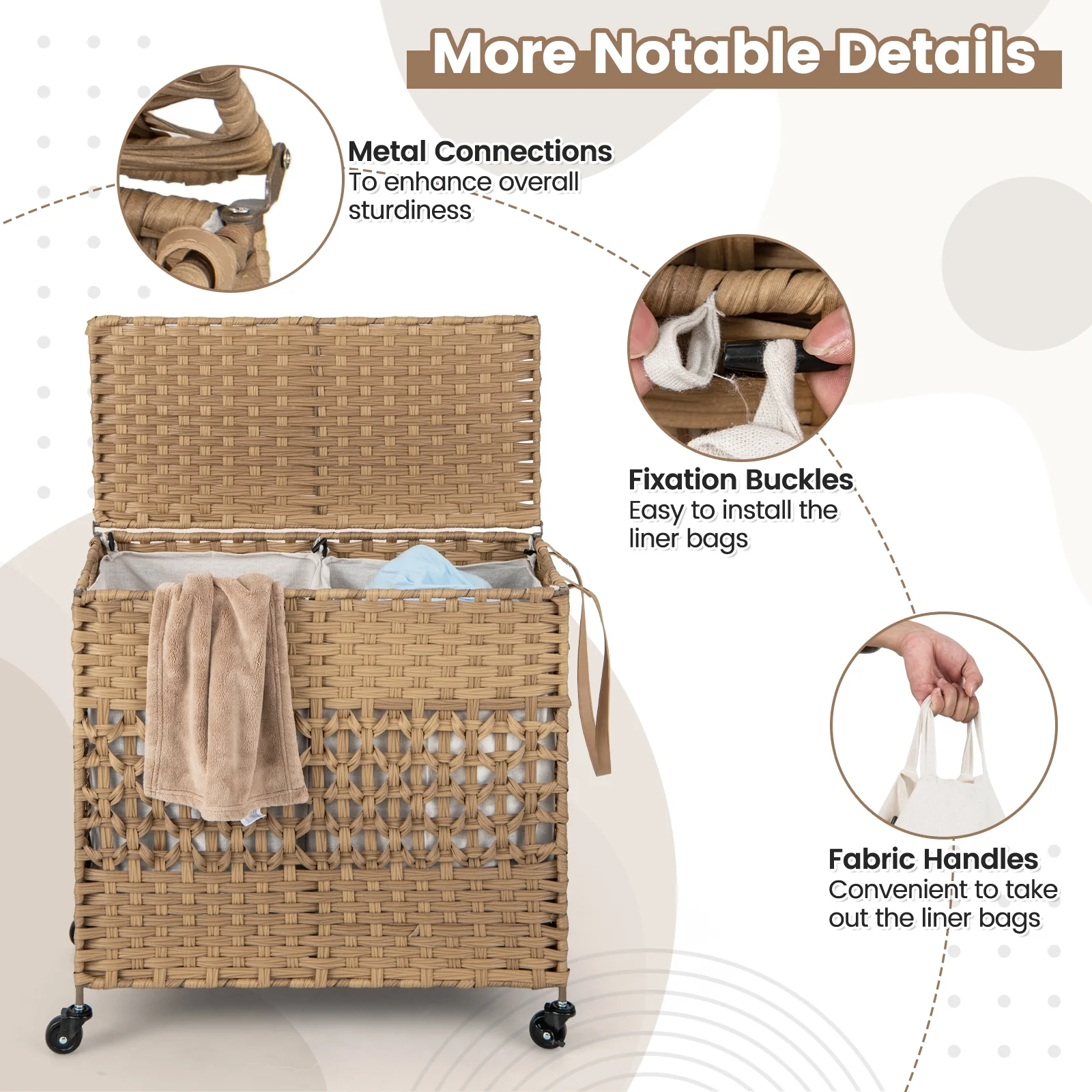 110L 2-Section Laundry Hamper, Removable Washable Liner Bags, Natural - Image 9