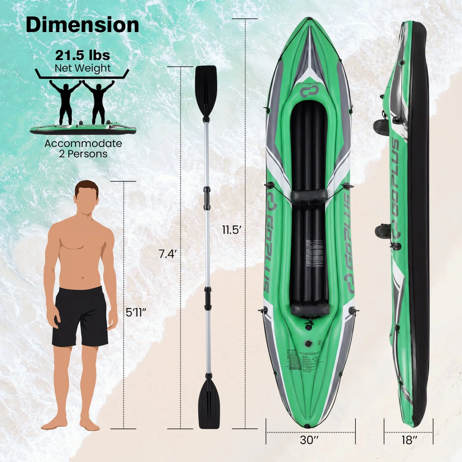 11.5 Feet Inflatable Kayak 2 Person Heavy Duty with Aluminum Paddles, Green - Image 4
