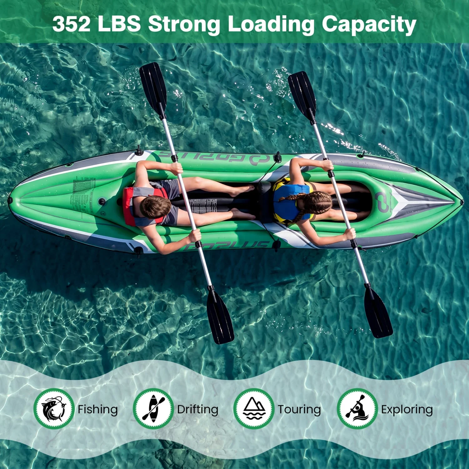 11.5 Feet Inflatable Kayak 2 Person Heavy Duty with Aluminum Paddles, Green - Image 5