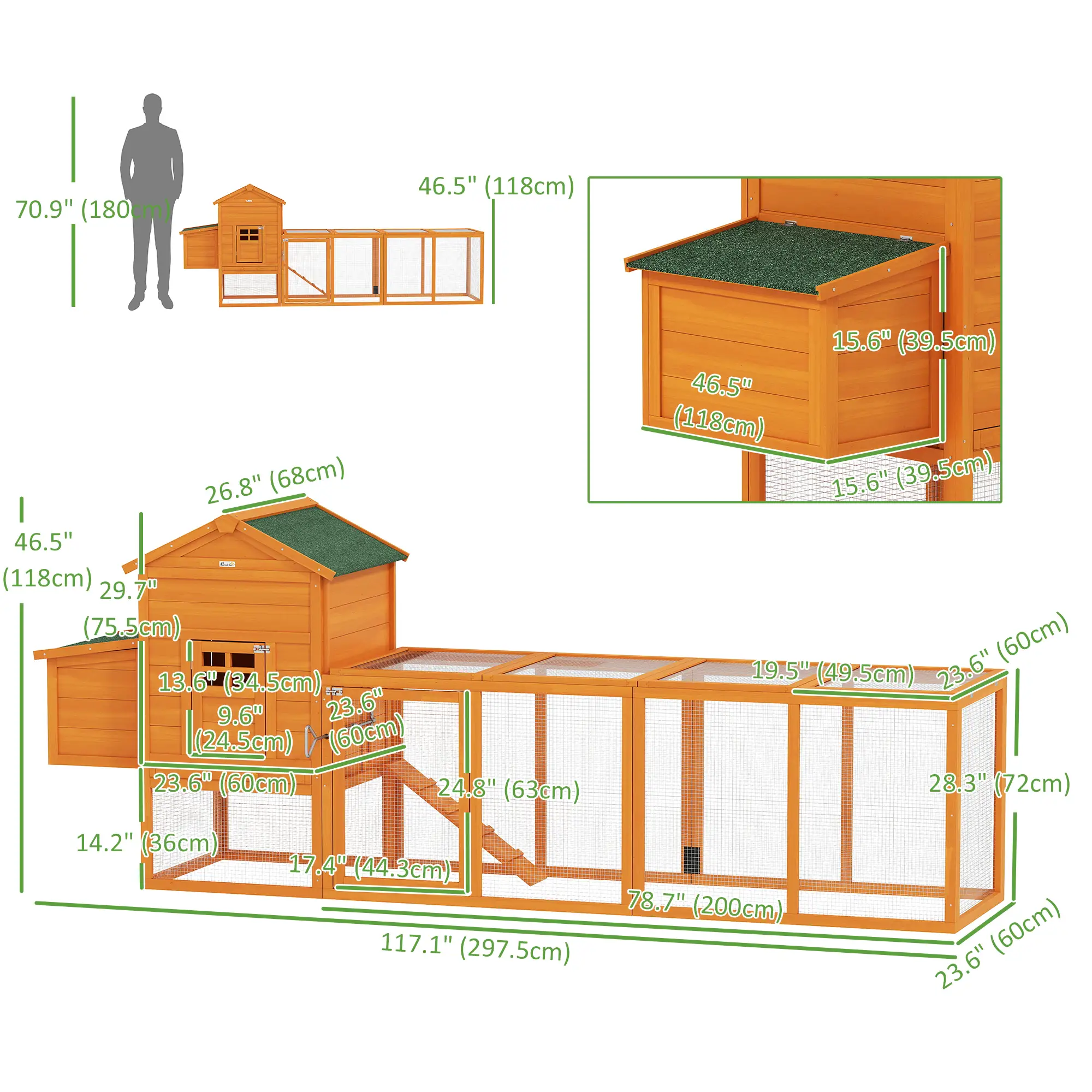 117 Extra Large Chicken Coop, Asphalt Roof, Wooden Hen House, Slide-out Tray, Quail Hutch, Nesting Box, Orange - Image 3