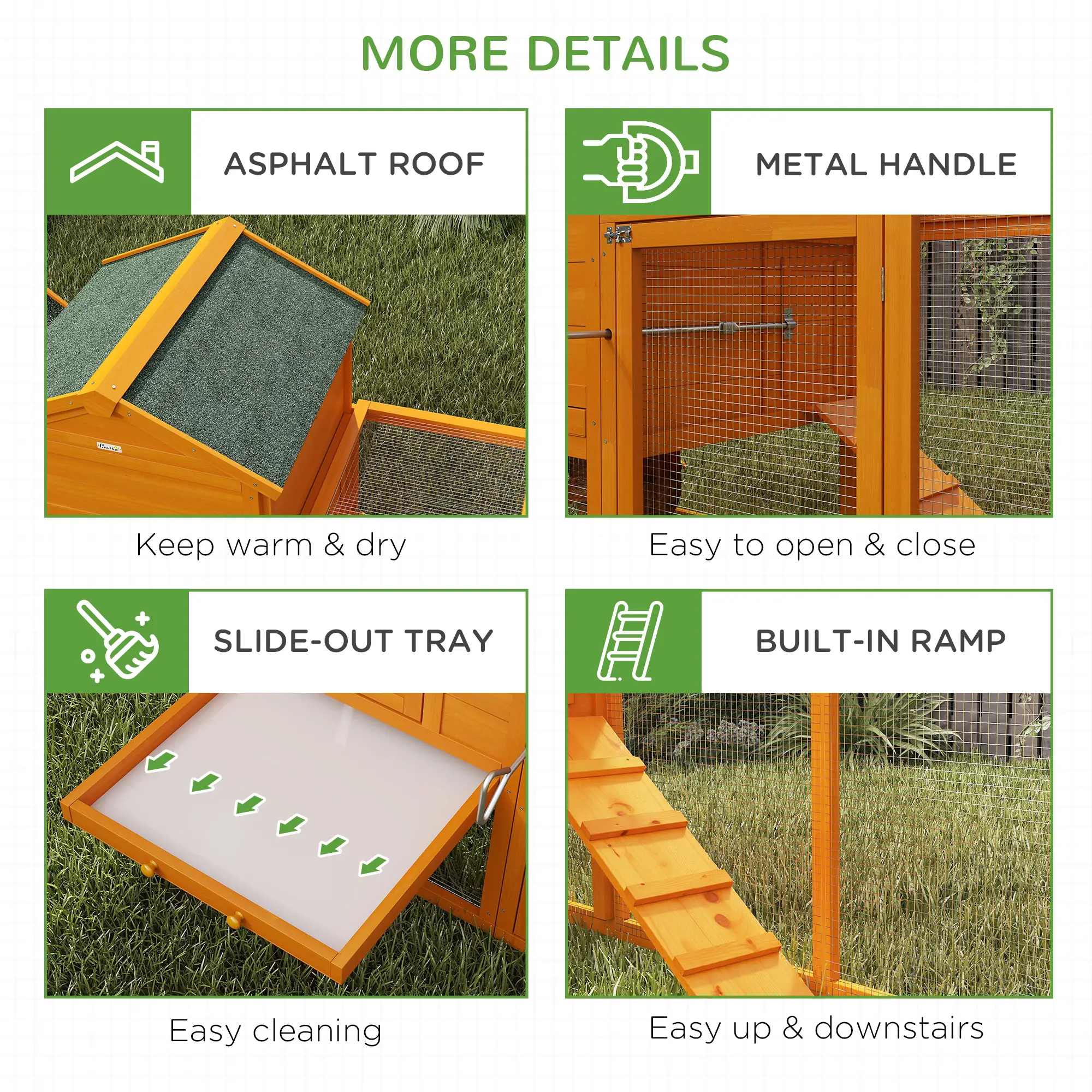 117 Extra Large Chicken Coop, Asphalt Roof, Wooden Hen House, Slide-out Tray, Quail Hutch, Nesting Box, Orange - Image 7