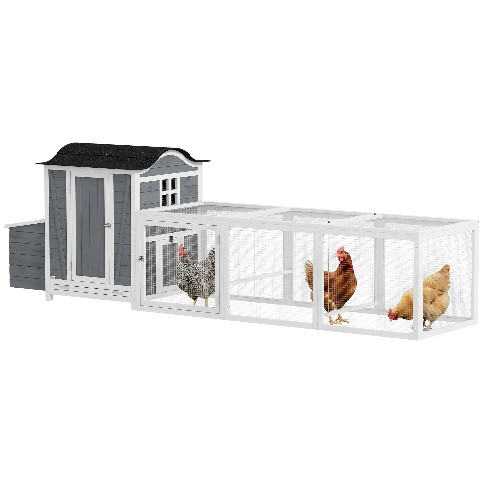 118"L Chicken Coop, Large Wooden Hen House with Run, Pull-Out Tray, Waterproof Roof, Nesting Box, Swing, Roosting Bars - Image 11