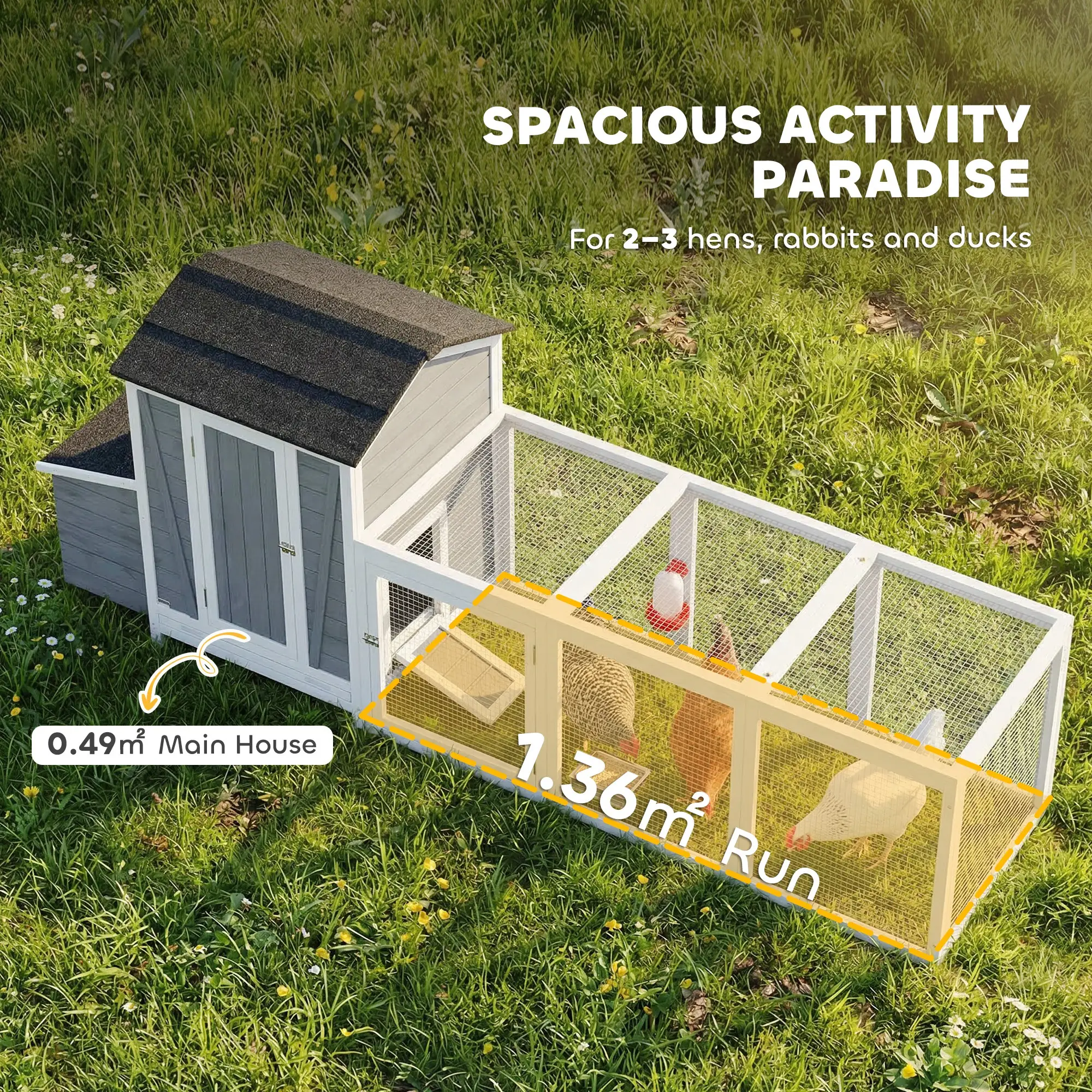 118"L Chicken Coop, Large Wooden Hen House with Run, Pull-Out Tray, Waterproof Roof, Nesting Box, Swing, Roosting Bars - Image 4