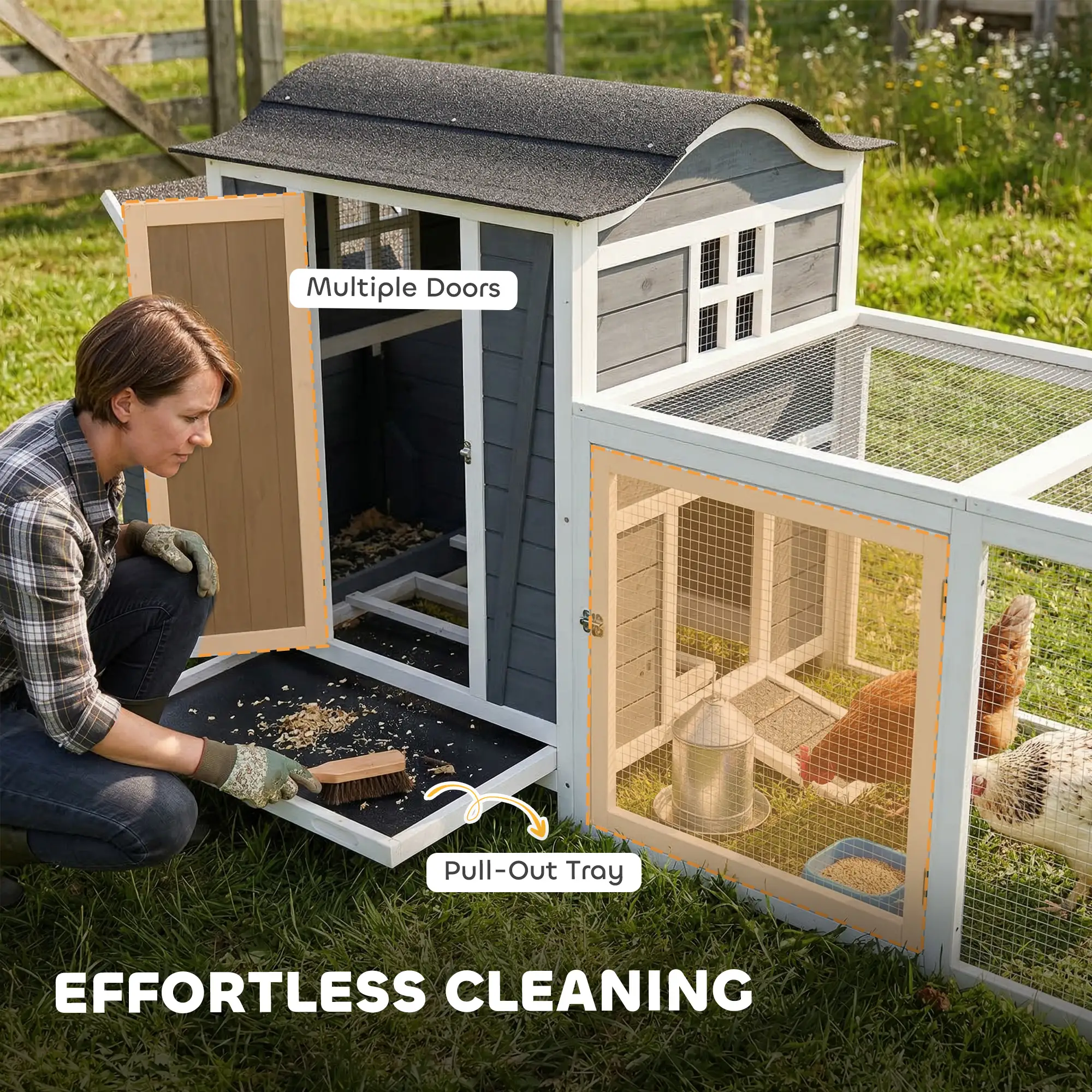 118"L Chicken Coop, Large Wooden Hen House with Run, Pull-Out Tray, Waterproof Roof, Nesting Box, Swing, Roosting Bars - Image 6