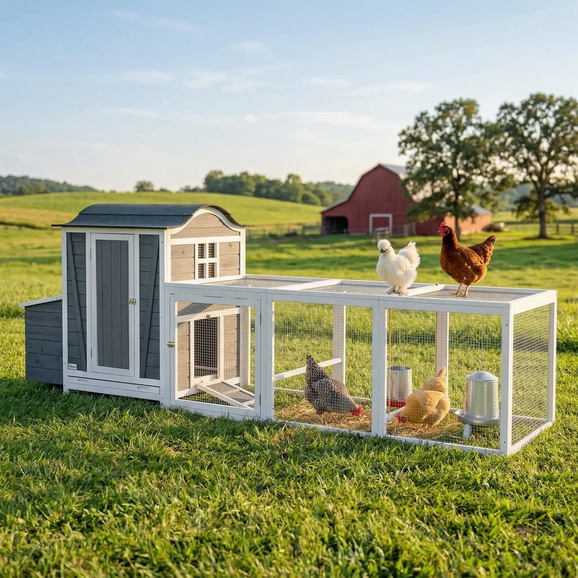 118"L Chicken Coop, Large Wooden Hen House with Run, Pull-Out Tray, Waterproof Roof, Nesting Box, Swing, Roosting Bars - Image 8
