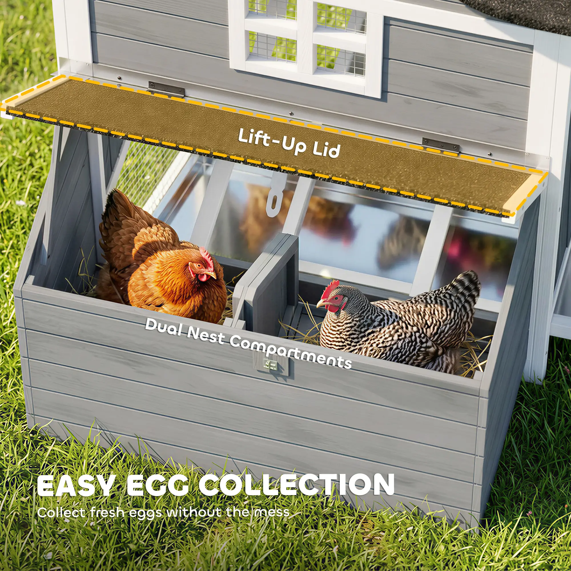 118"L Chicken Coop, Large Wooden Hen House with Run, Pull-Out Tray, Waterproof Roof, Nesting Box, Swing, Roosting Bars - Image 9