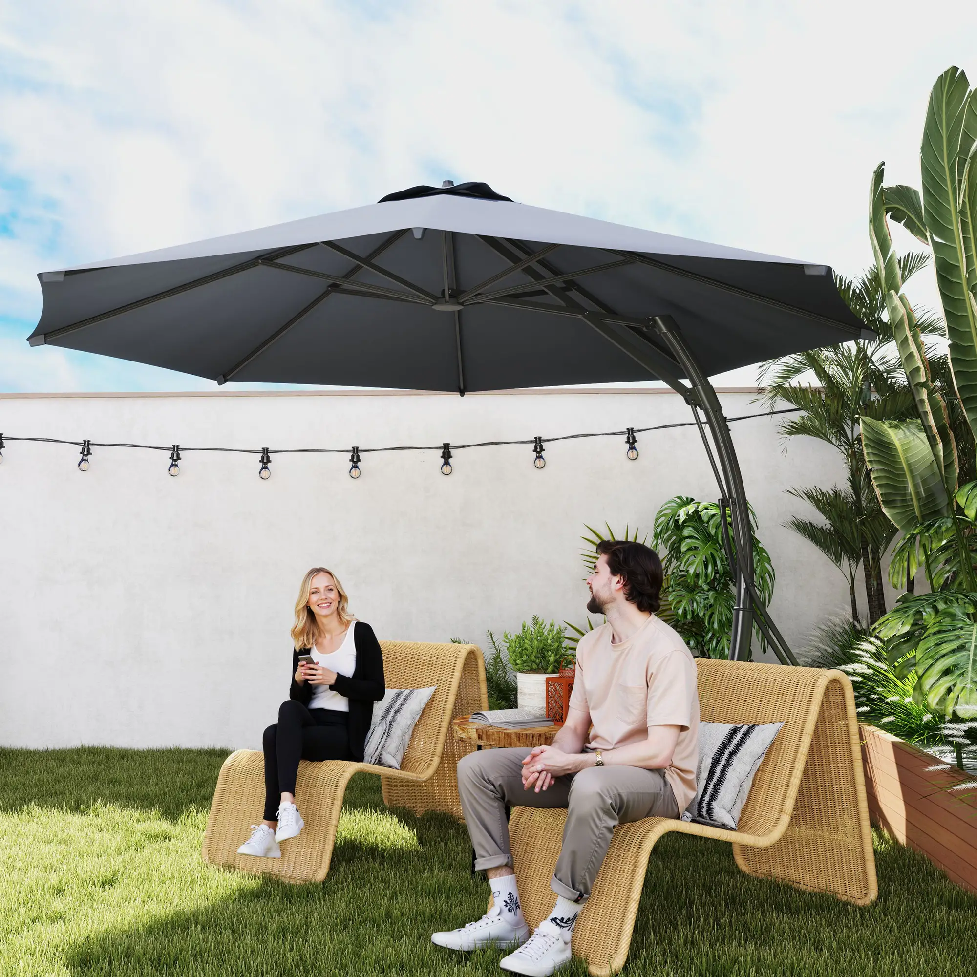 11FT Cantilever Umbrella, 8 Ribs, 360° Rotation, UPF 50+, Grey - Image 2