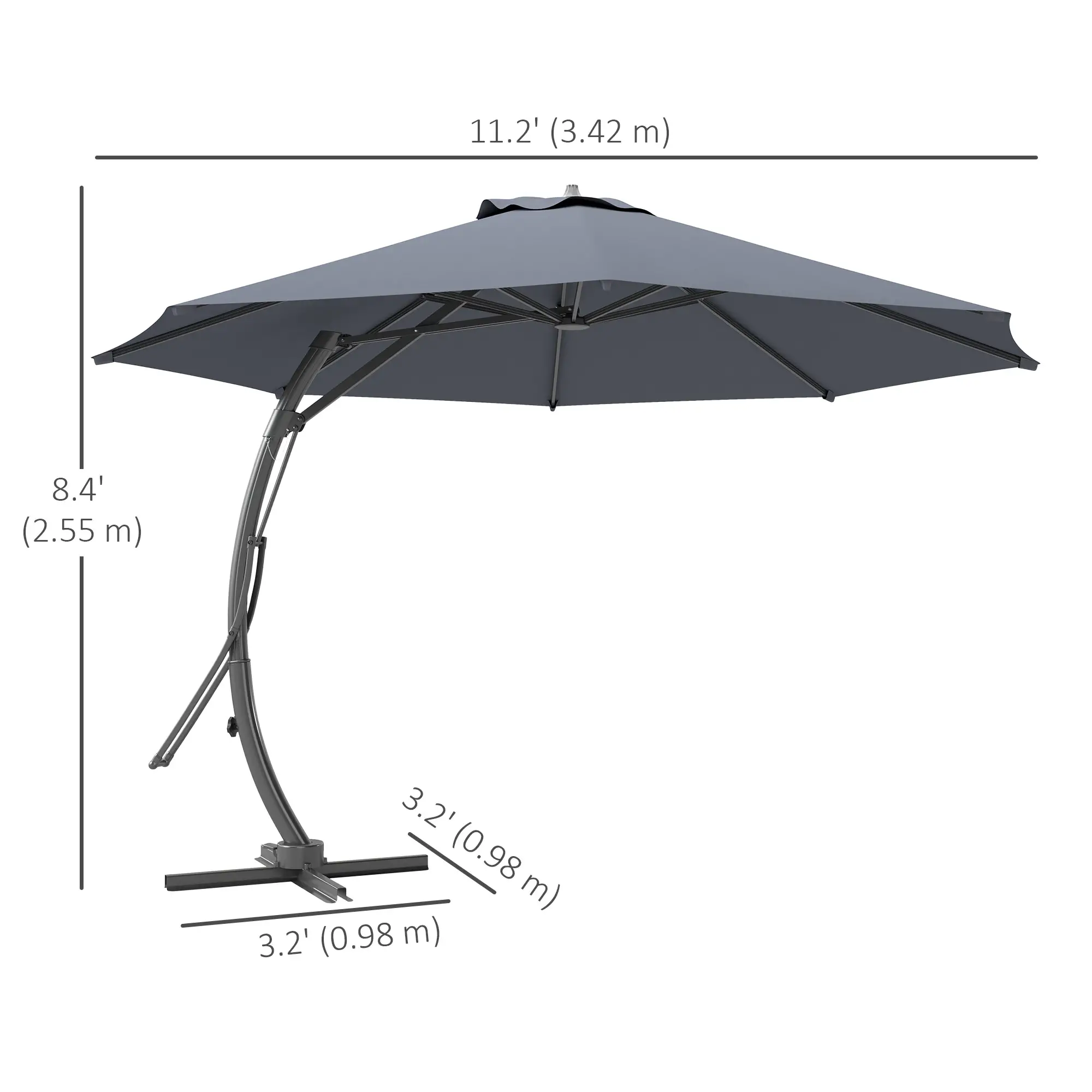 11FT Cantilever Umbrella, 8 Ribs, 360° Rotation, UPF 50+, Grey - Image 3