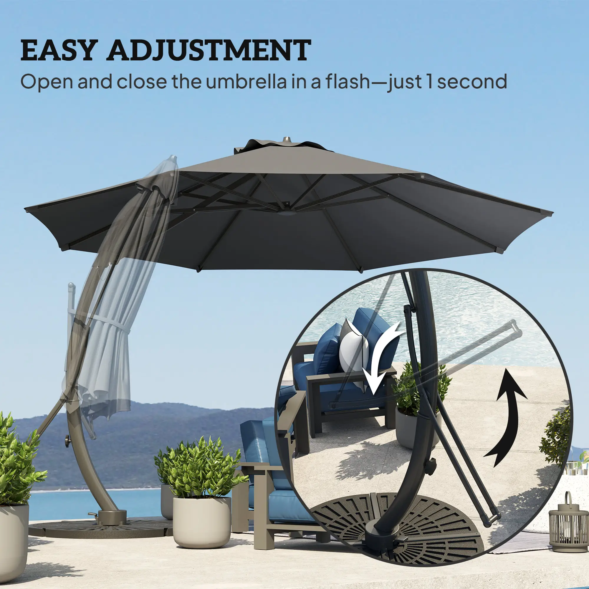 11FT Cantilever Umbrella, 8 Ribs, 360° Rotation, UPF 50+, Grey - Image 5