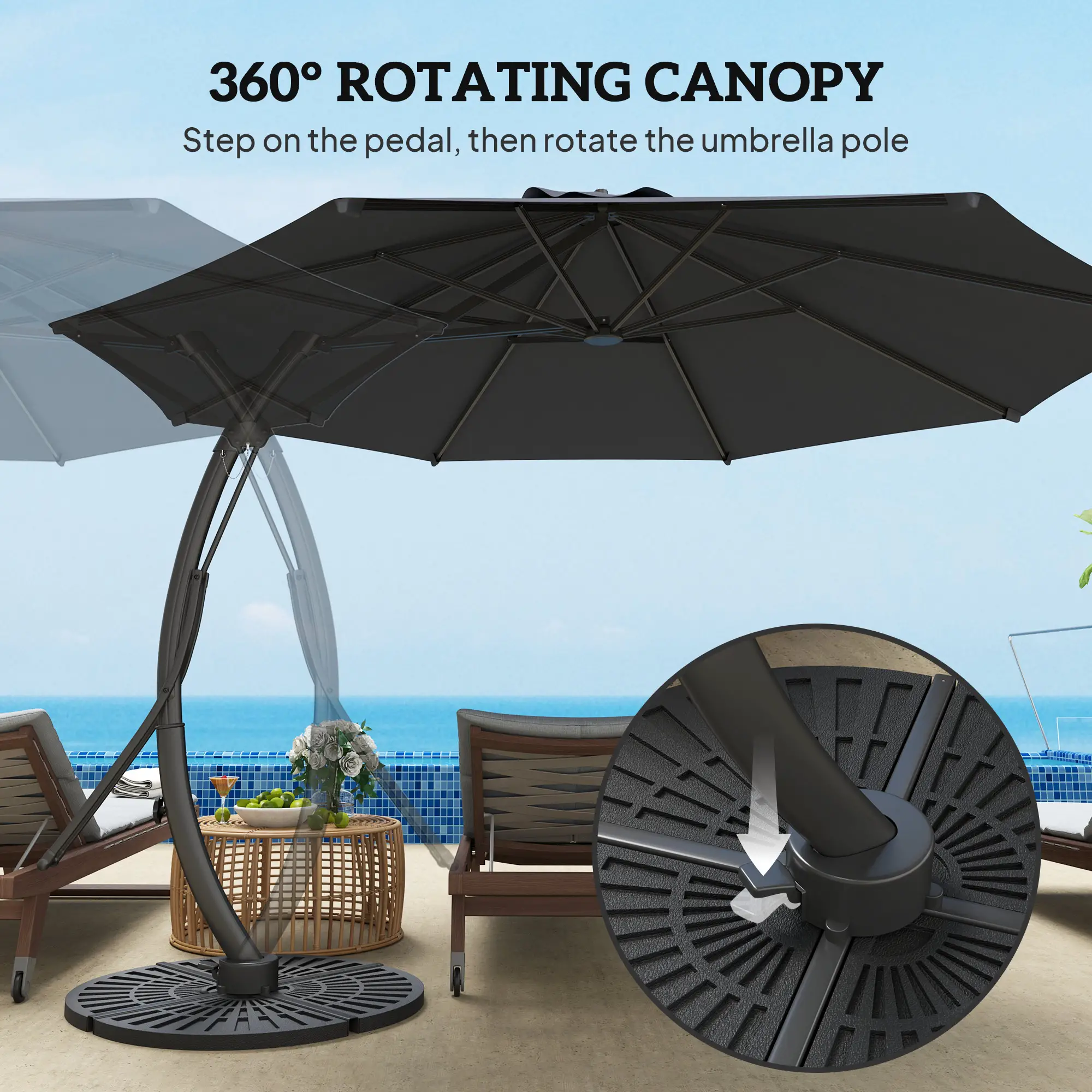 11FT Cantilever Umbrella, 8 Ribs, 360° Rotation, UPF 50+, Grey - Image 7