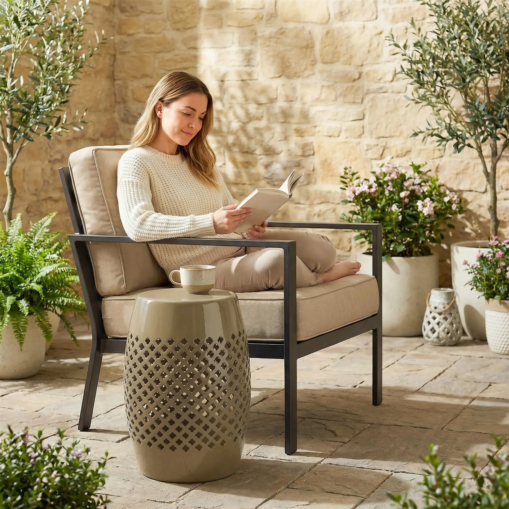 12.4" Steel Patio End Table, Round Hollow Drum Side Table, Khaki - Image 10