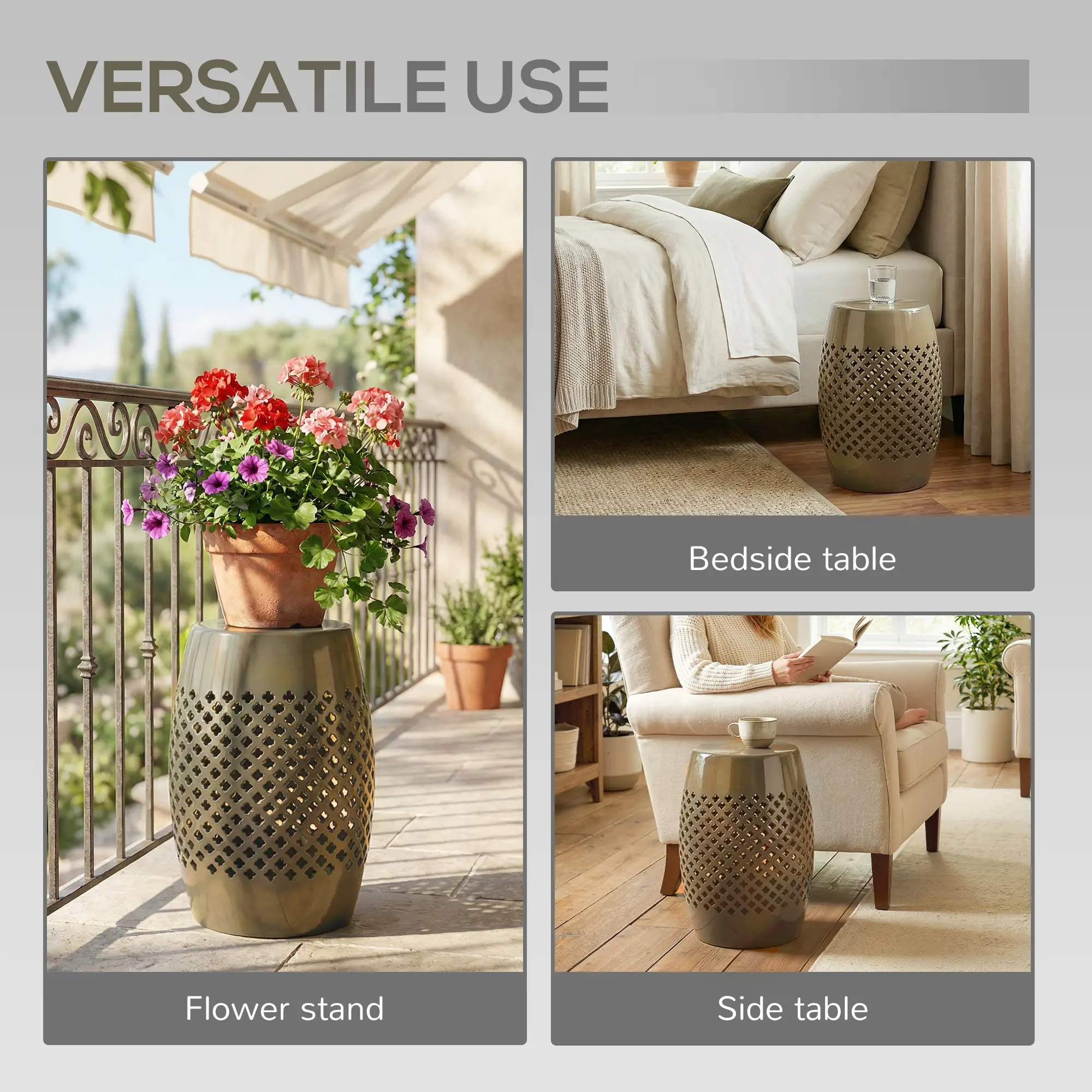 12.4" Steel Patio End Table, Round Hollow Drum Side Table, Khaki - Image 5