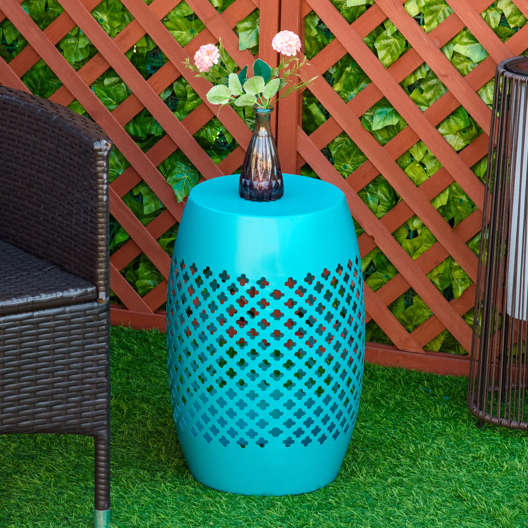 12.5" Steel Round Drum Patio Table, Indoor Outdoor, Teal - Image 2