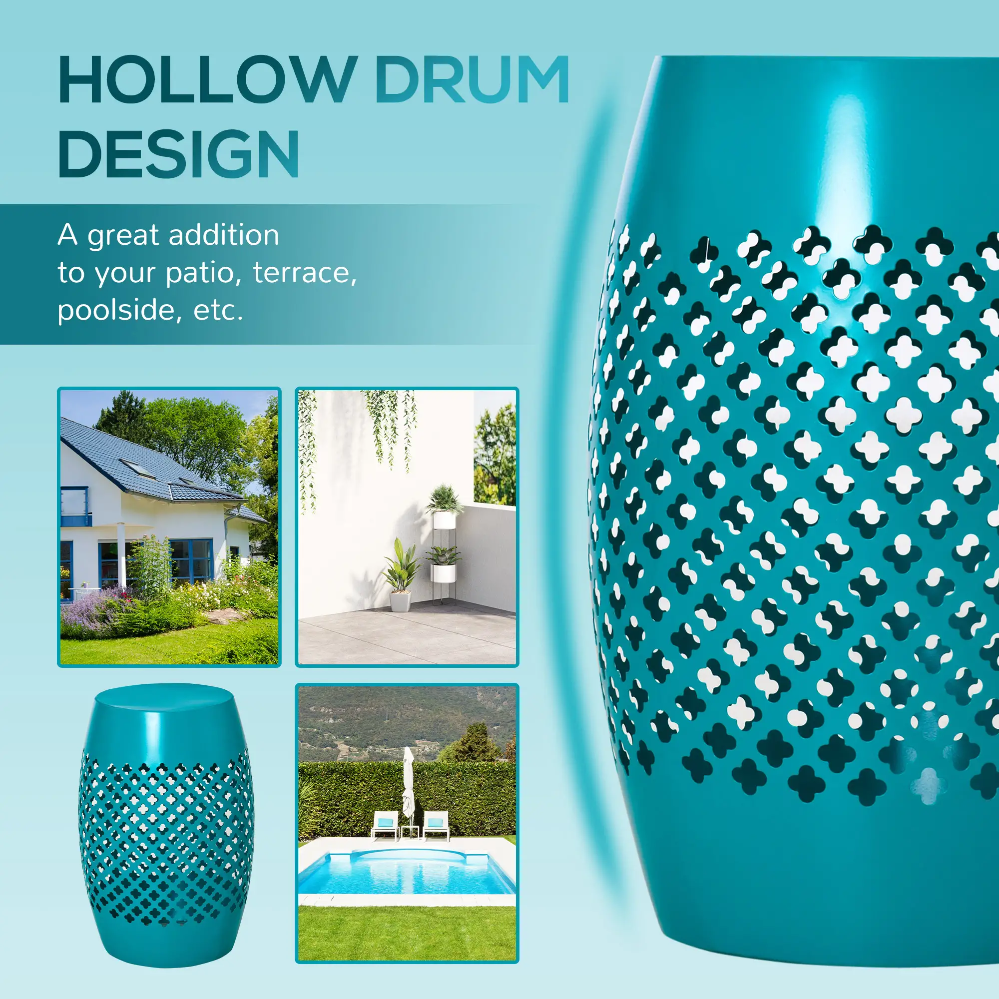 12.5" Steel Round Drum Patio Table, Indoor Outdoor, Teal - Image 4