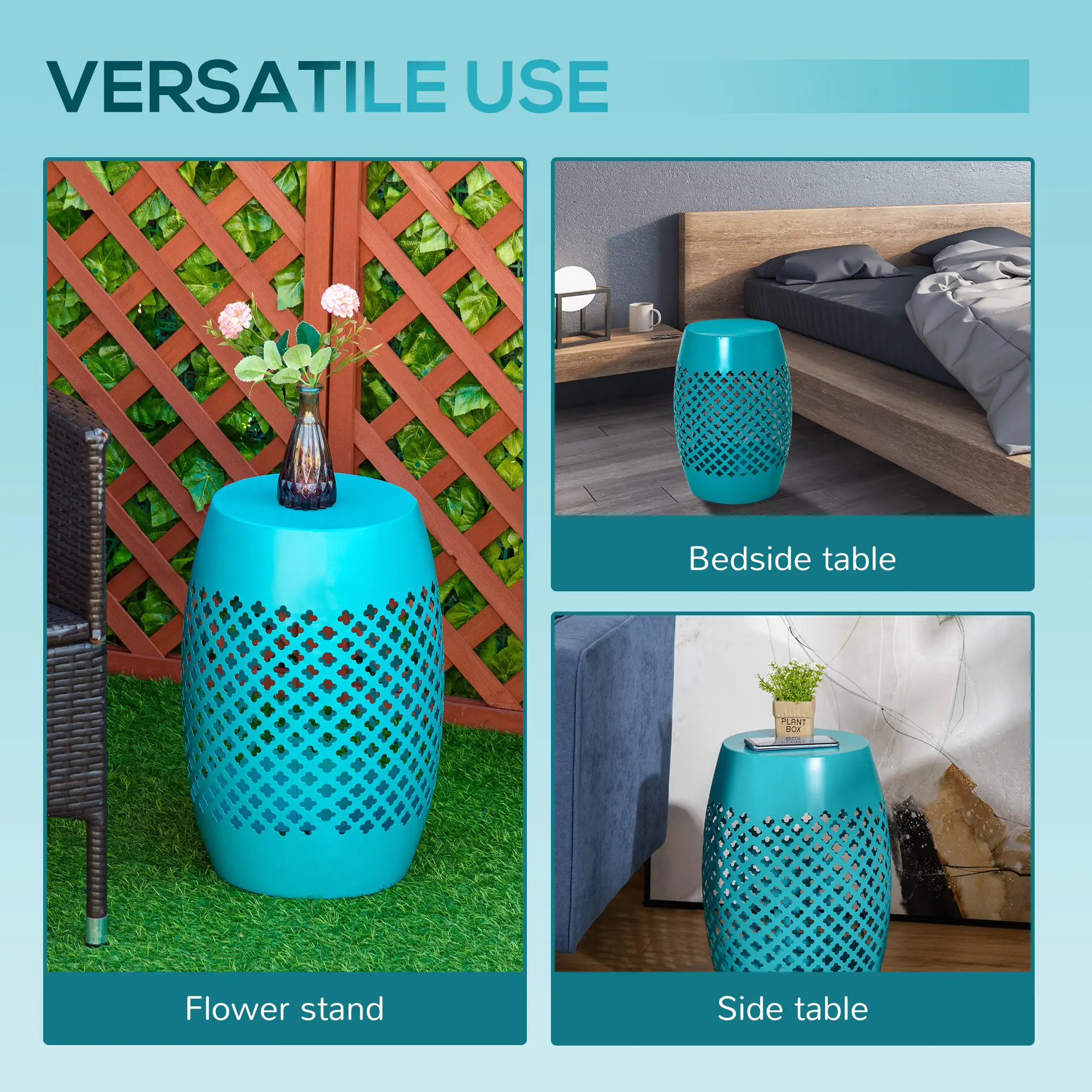 12.5" Steel Round Drum Patio Table, Indoor Outdoor, Teal - Image 5