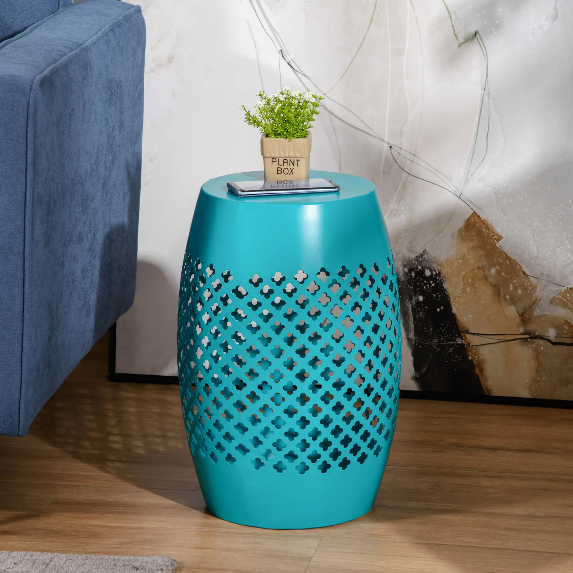 12.5" Steel Round Drum Patio Table, Indoor Outdoor, Teal - Image 7