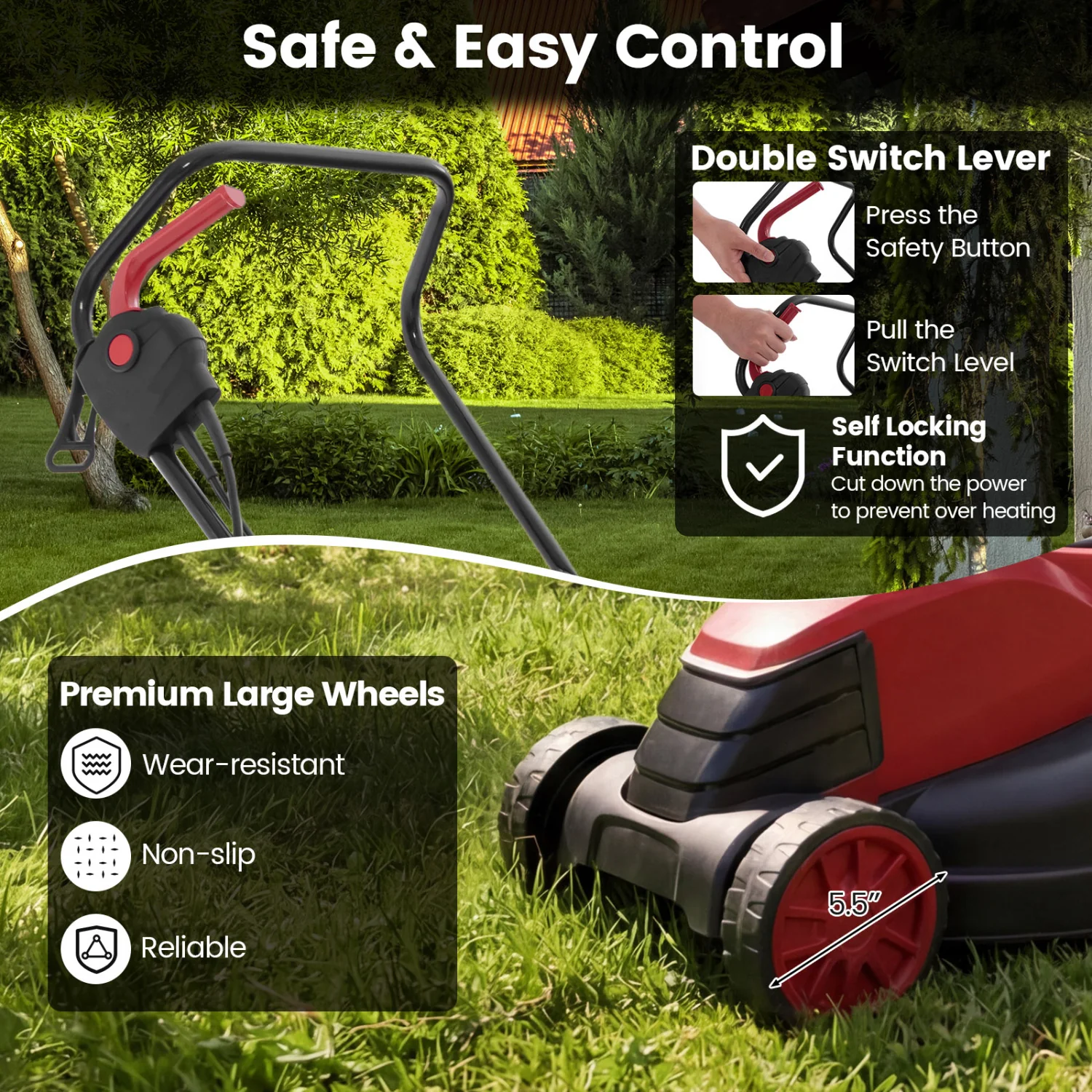 12-Amp 13.5 Inch Adjustable Electric Corded Lawn Mower, Red - Image 9