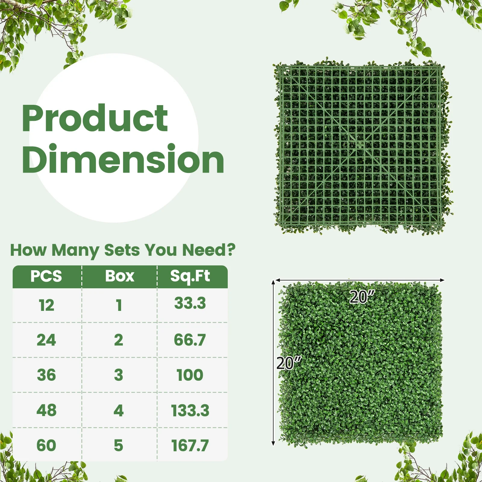12 Artificial Boxwood Wall Panels, 20 x 20 Inch, Green - Image 6