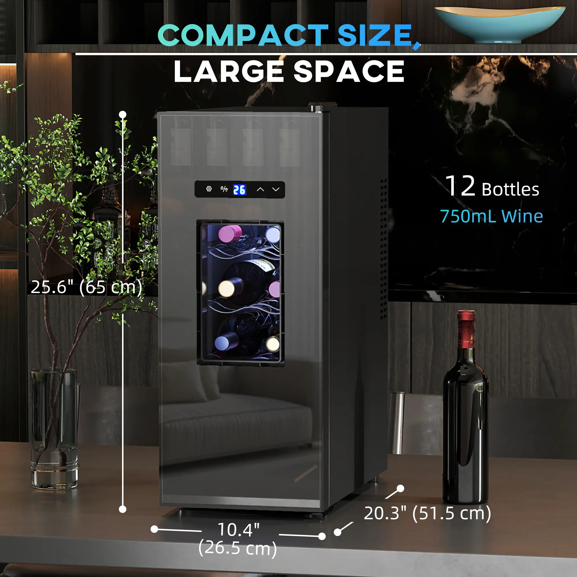 12 Bottle Wine Fridge, Under Counter Cooler, Glass Door, LED Light, Temp Control - Image 3