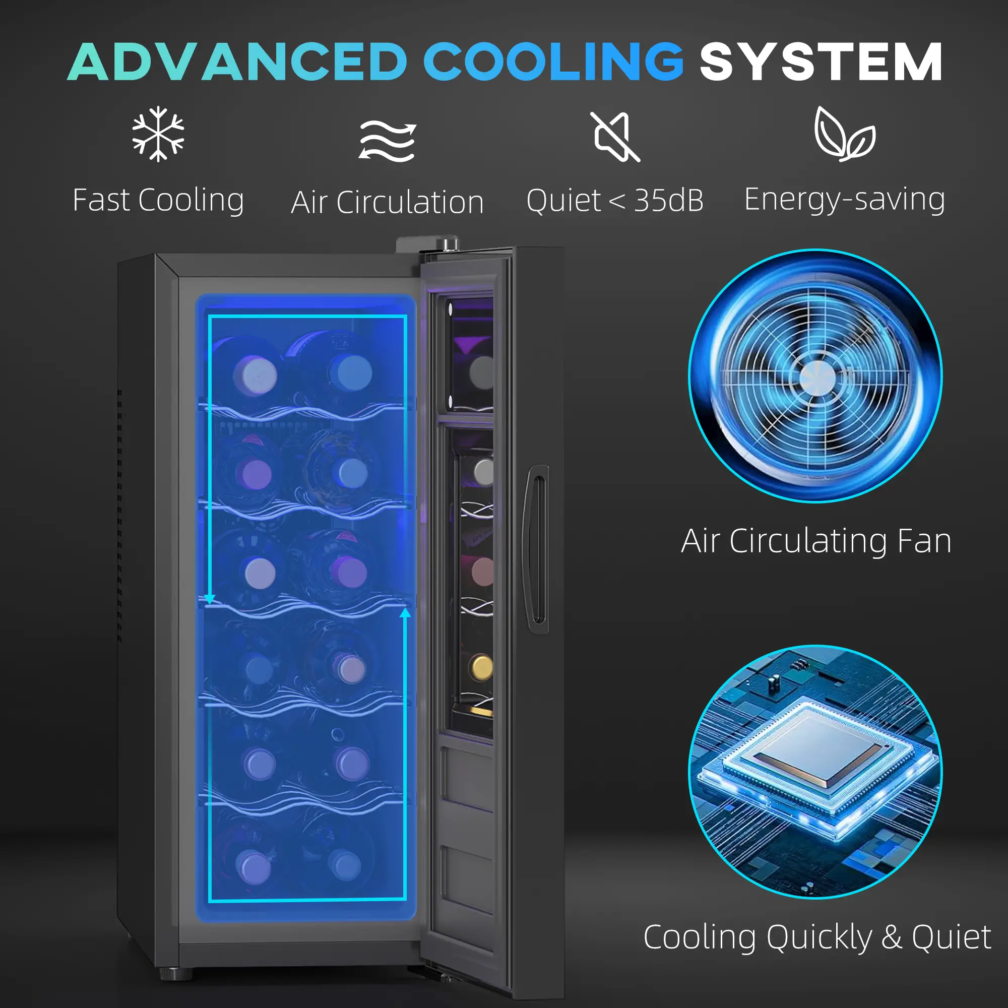 12 Bottle Wine Fridge, Under Counter Cooler, Glass Door, LED Light, Temp Control - Image 4