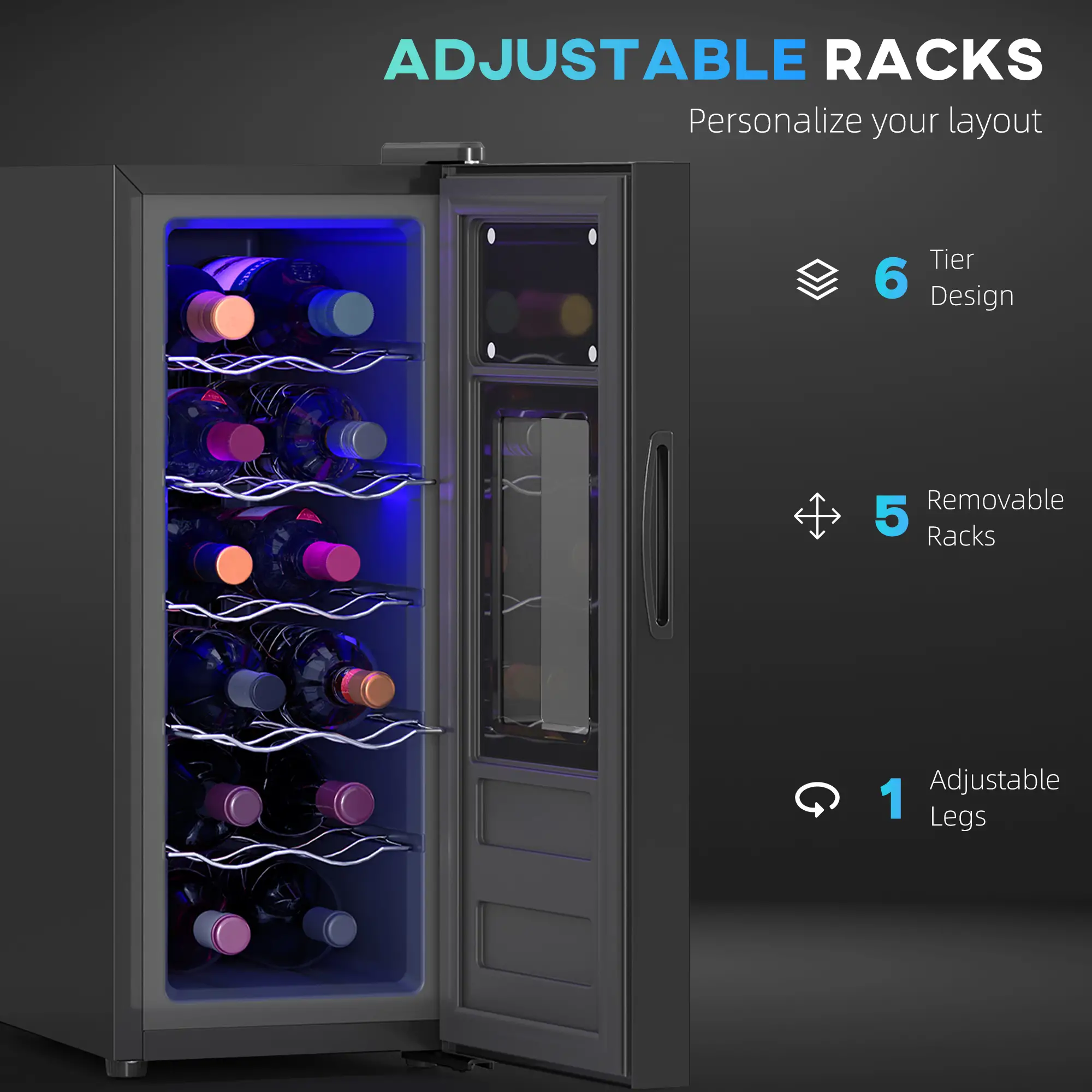 12 Bottle Wine Fridge, Under Counter Cooler, Glass Door, LED Light, Temp Control - Image 6