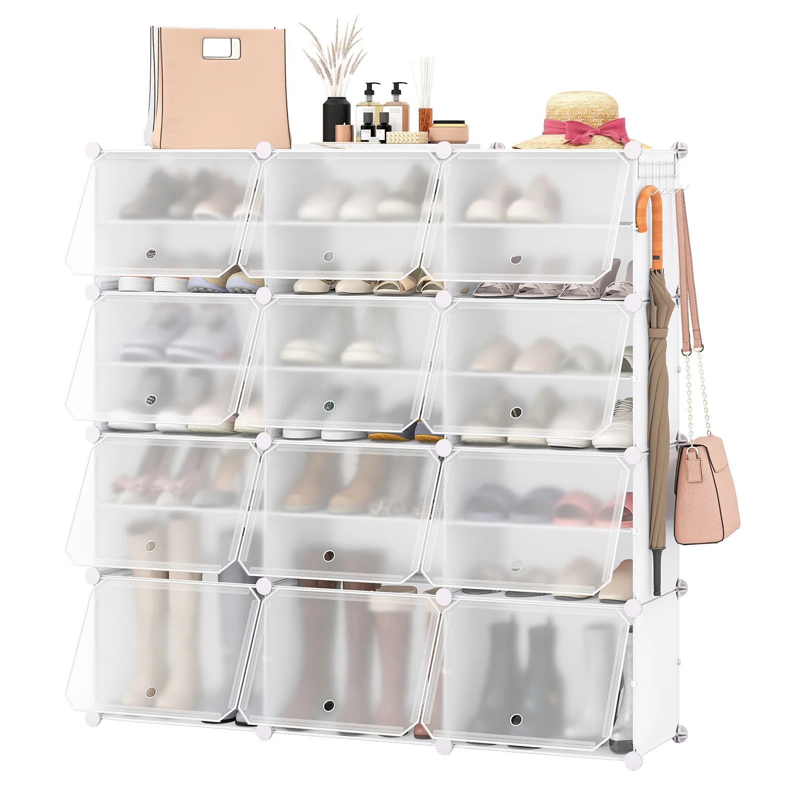 12-Cube 48 Pairs Portable Shoe Shelves with Hook, White