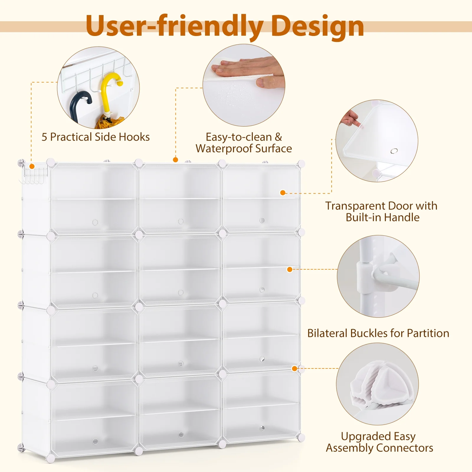 12-Cube 48 Pairs Portable Shoe Shelves with Hook, White - Image 10