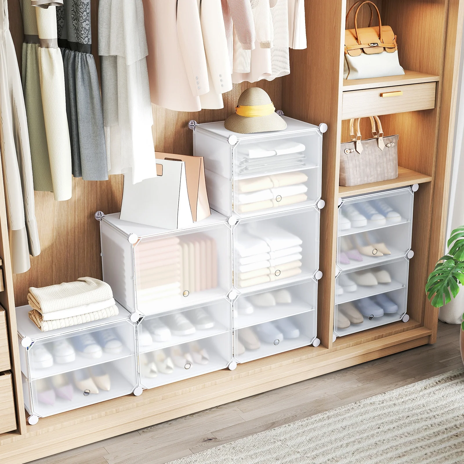 12-Cube 48 Pairs Portable Shoe Shelves with Hook, White - Image 2