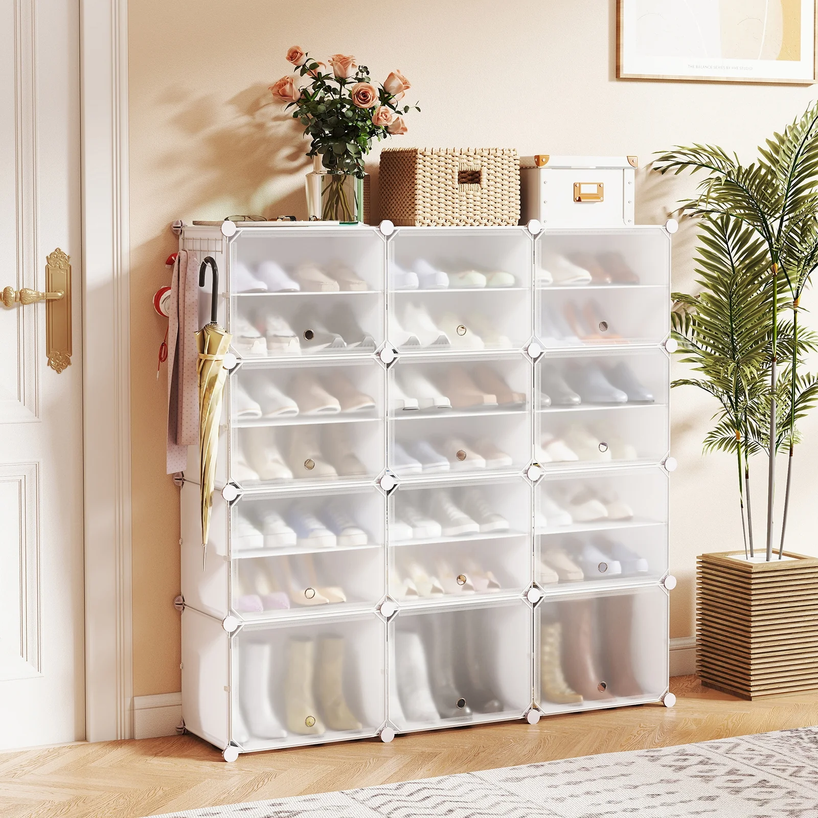 12-Cube 48 Pairs Portable Shoe Shelves with Hook, White - Image 3