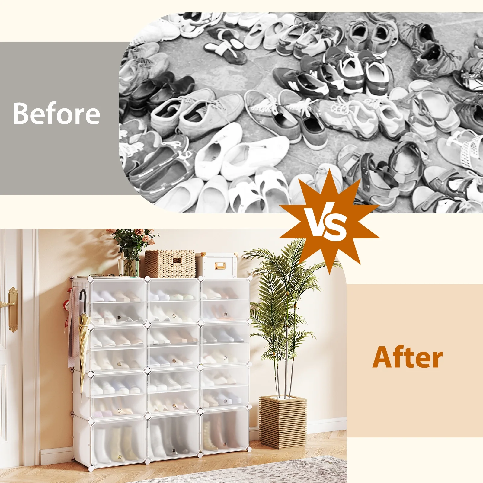 12-Cube 48 Pairs Portable Shoe Shelves with Hook, White - Image 7