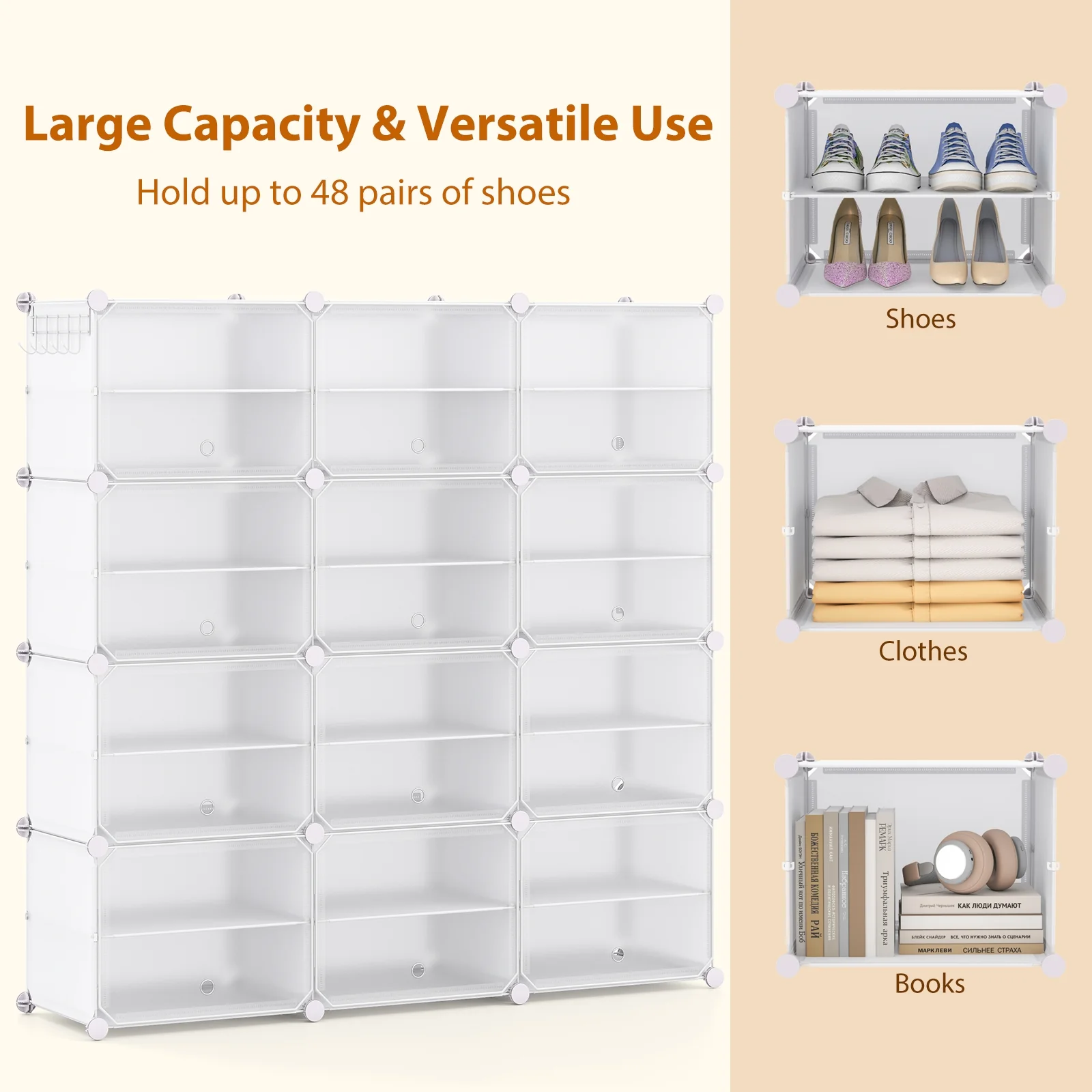 12-Cube 48 Pairs Portable Shoe Shelves with Hook, White - Image 8