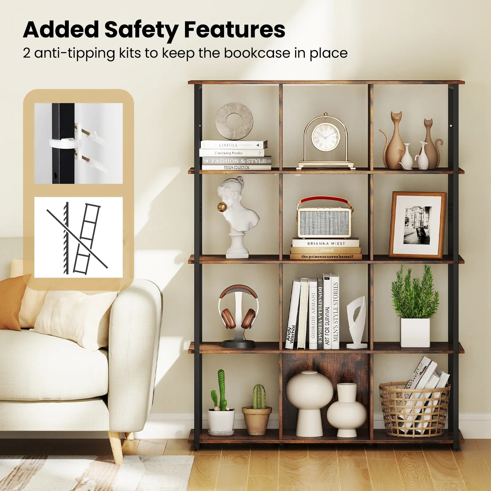 12-Cube Bookcase, With Anti-Tipping Kits, Rustic Brown - Image 10