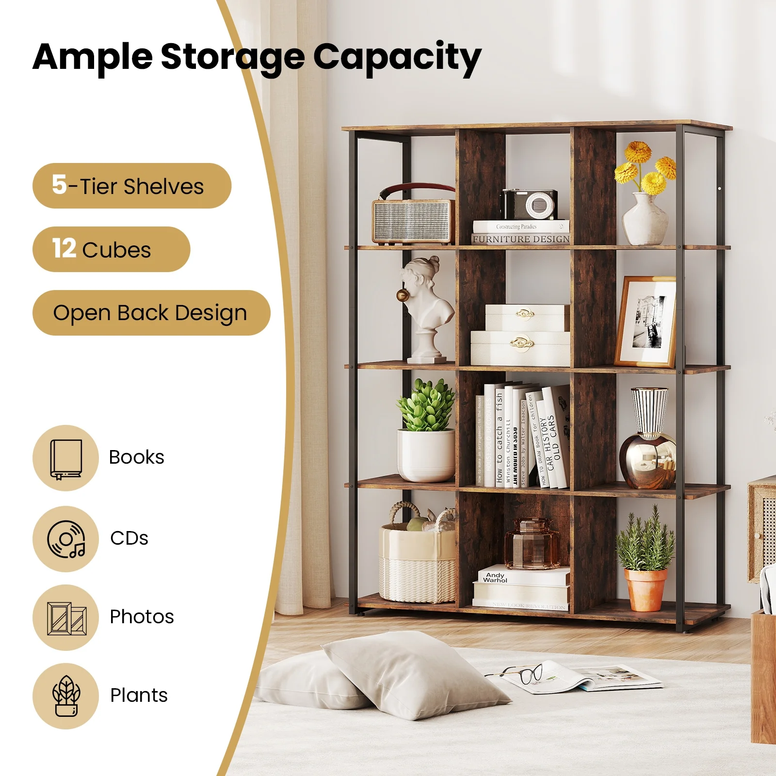 12-Cube Bookcase, With Anti-Tipping Kits, Rustic Brown - Image 9