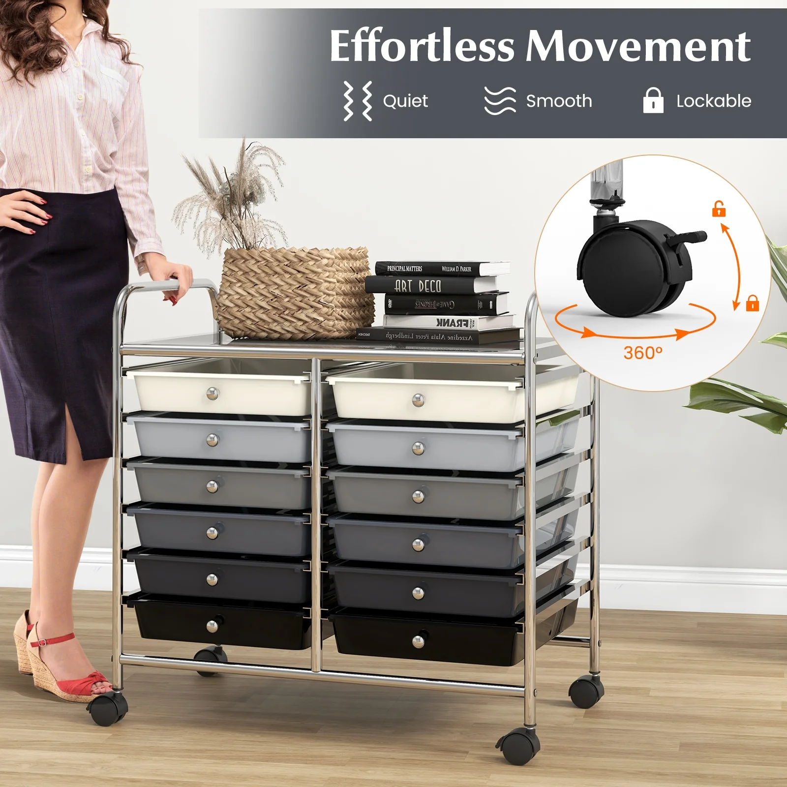 12 Drawer Rolling Storage Cart, Gradient, Gray - Image 8