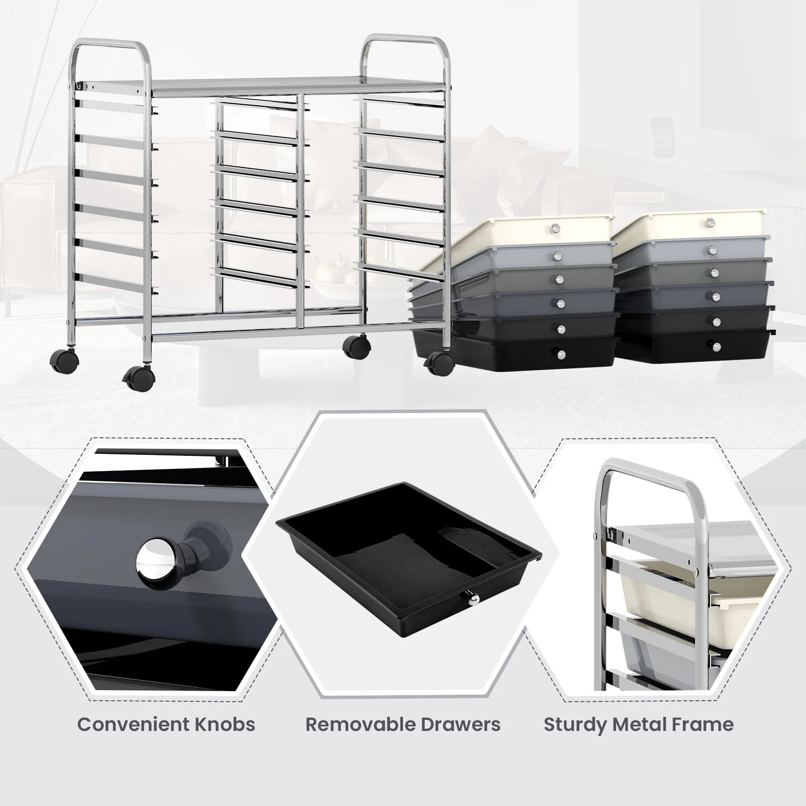 12 Drawer Rolling Storage Cart, Gradient, Gray - Image 9
