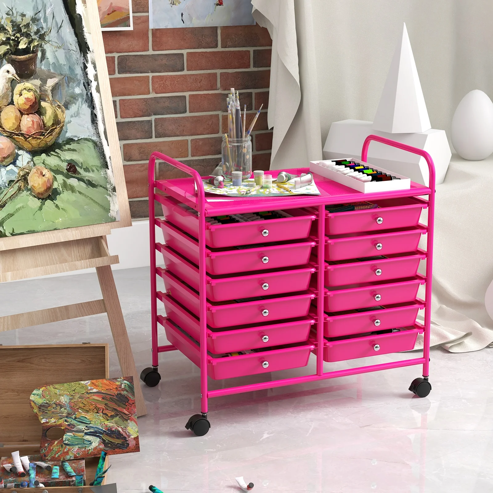 12 Drawer Rolling Storage Cart, Hot Pink - Image 2
