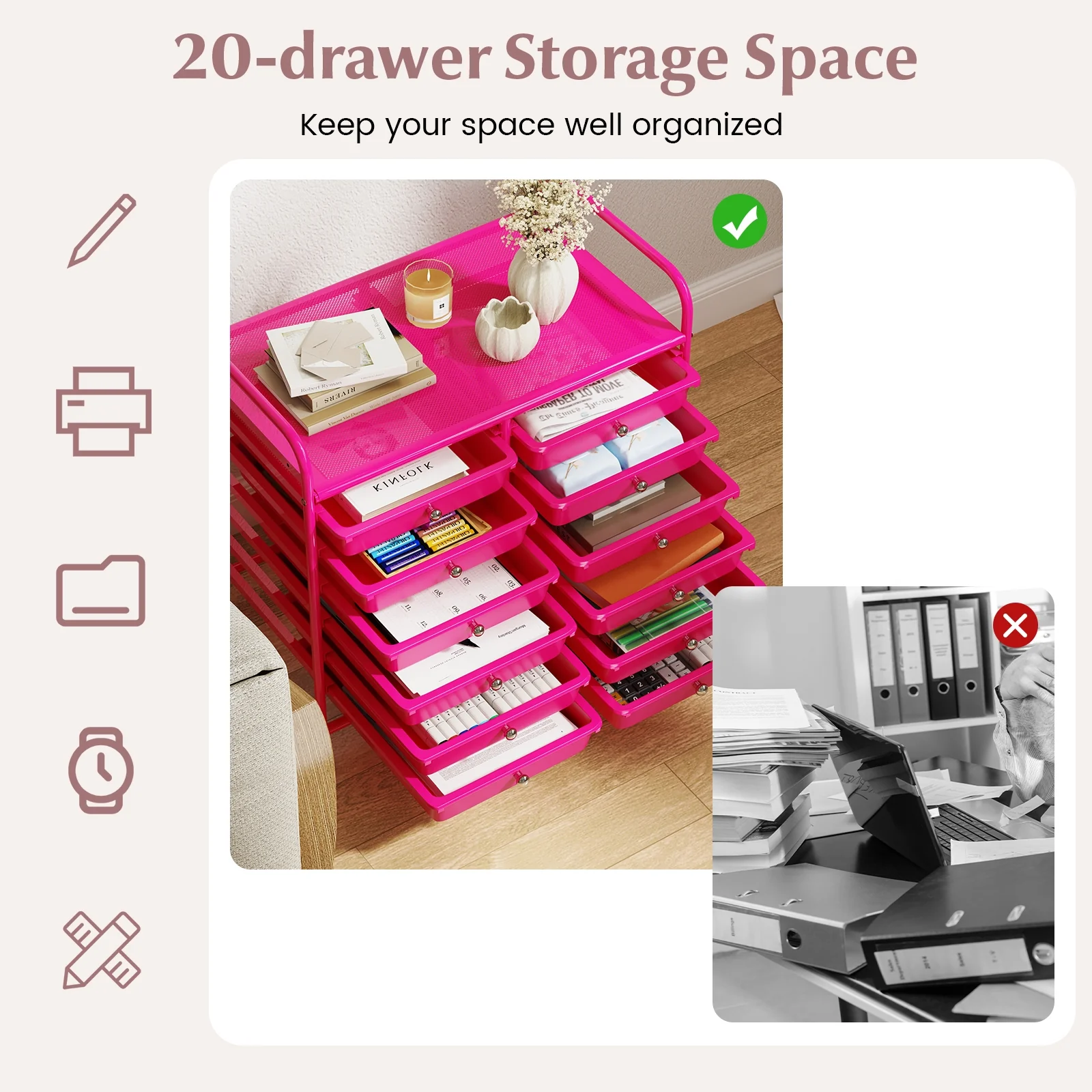 12 Drawer Rolling Storage Cart, Hot Pink - Image 7