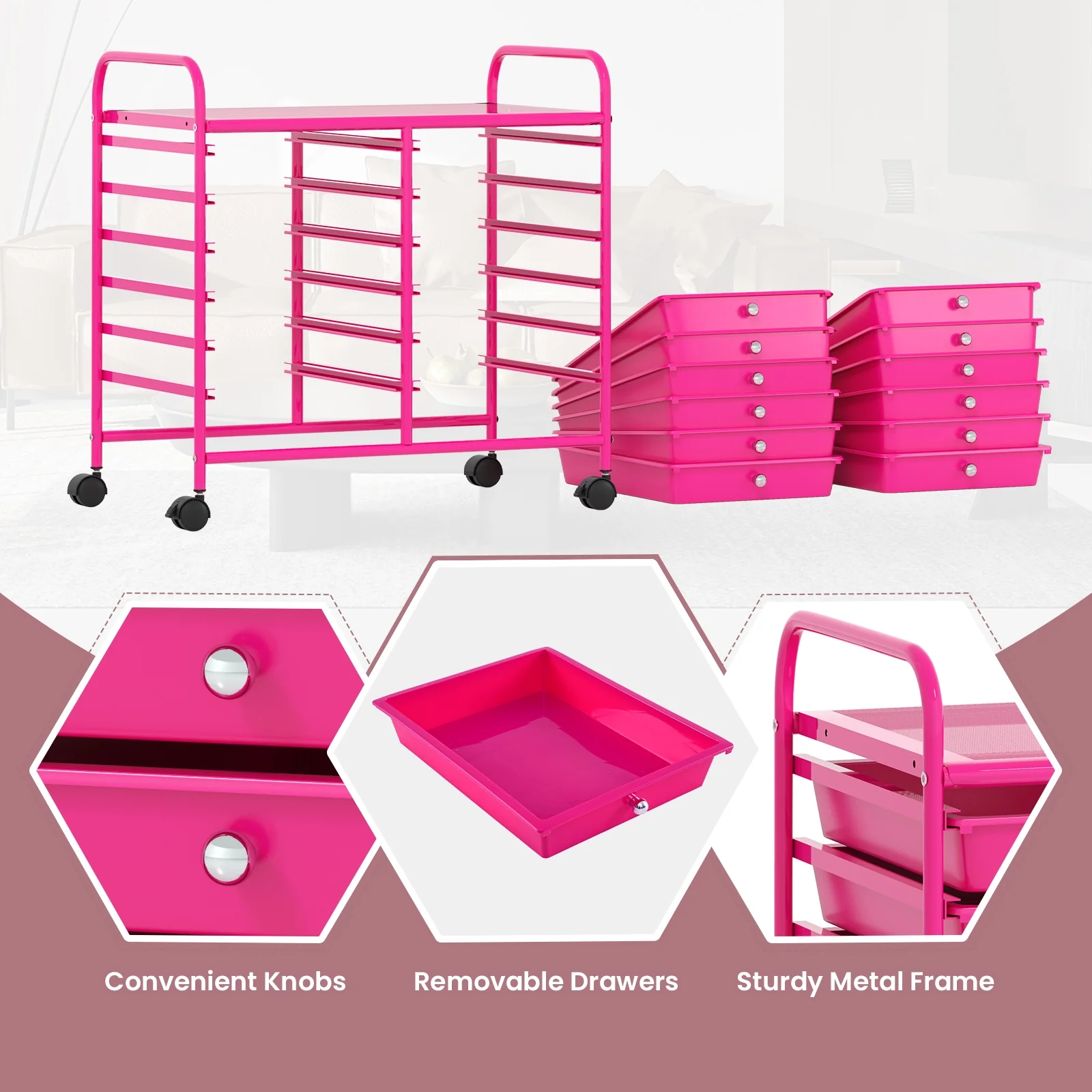 12 Drawer Rolling Storage Cart, Hot Pink - Image 9