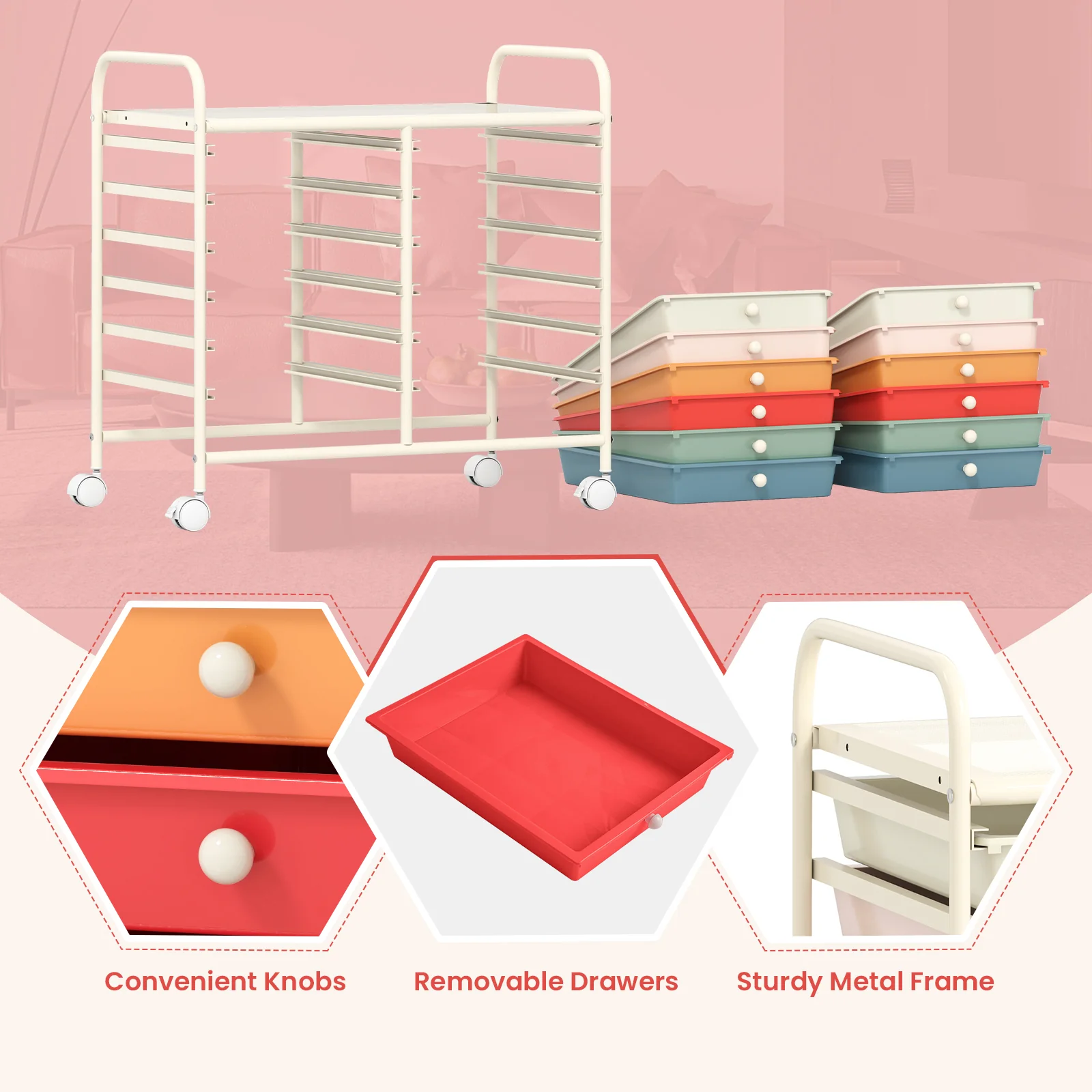 12 Drawer Rolling Storage Cart, Macaron - Image 9