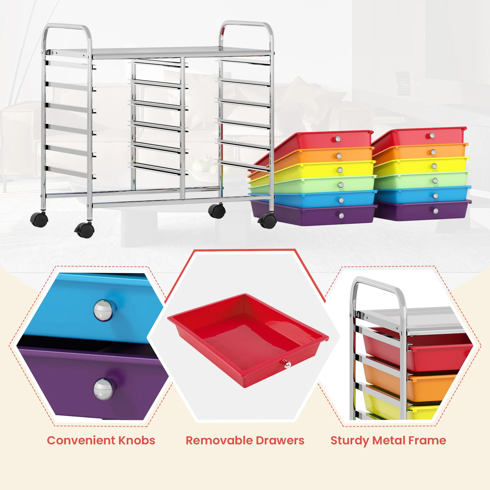 12 Drawer Rolling Storage Cart, Multicolor - Image 9
