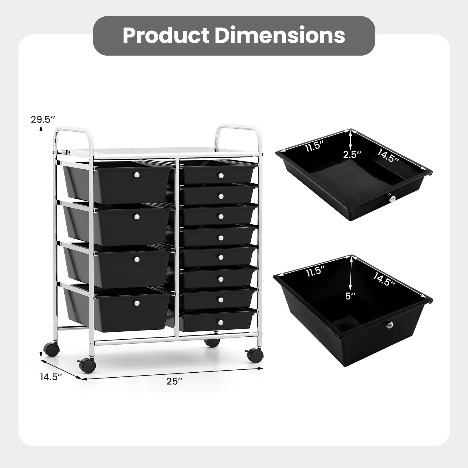 12-Drawer Utility Rolling Cart with Drawers Multi-Use Storage, Black - Image 6