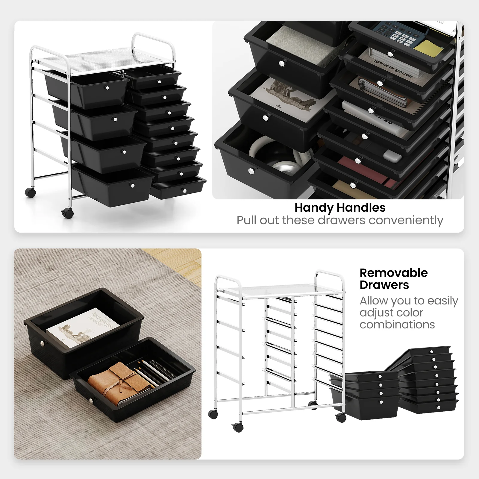 12-Drawer Utility Rolling Cart with Drawers Multi-Use Storage, Black - Image 7