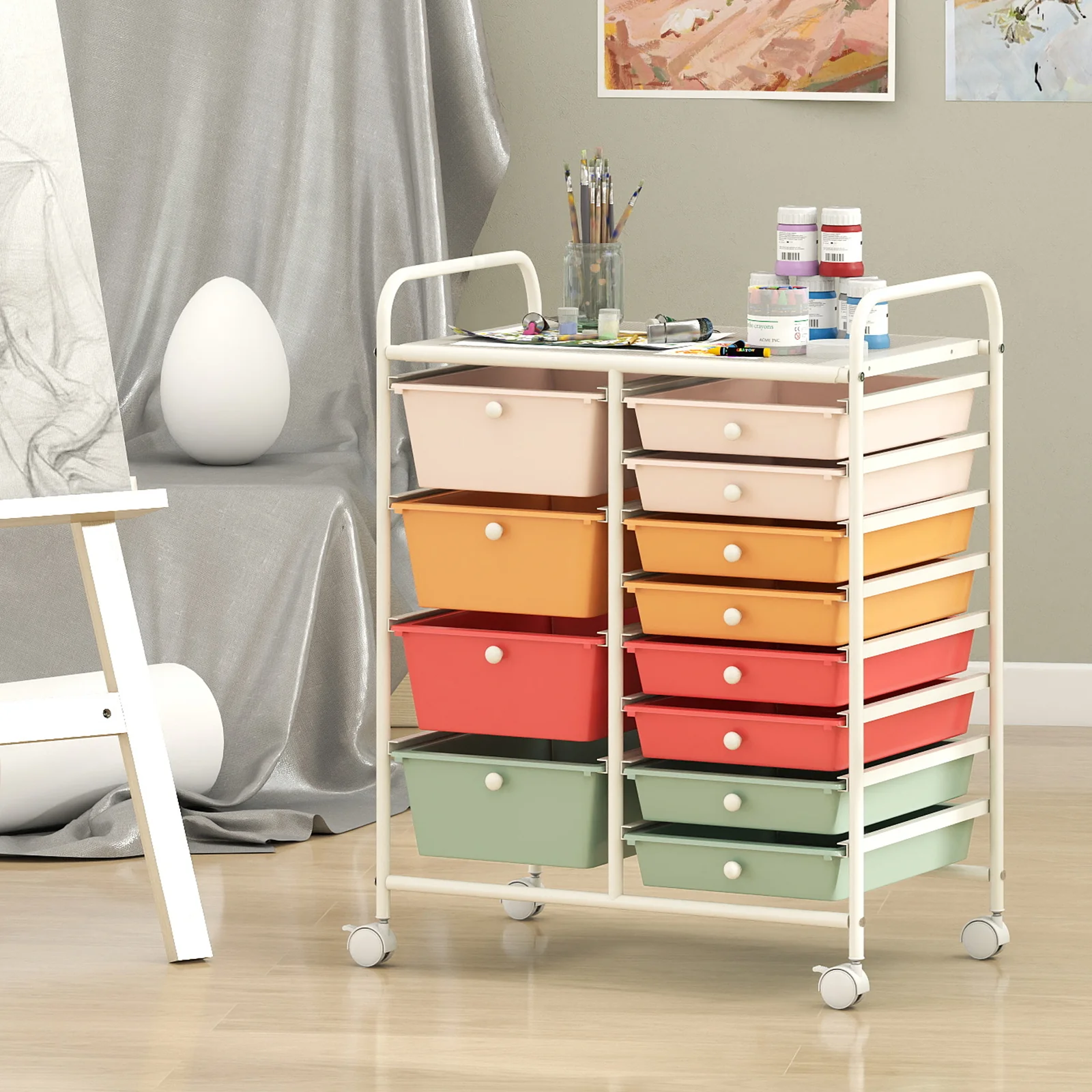 12-Drawer Utility Rolling Cart with Drawers Multi-Use Storage, Macaron - Image 3