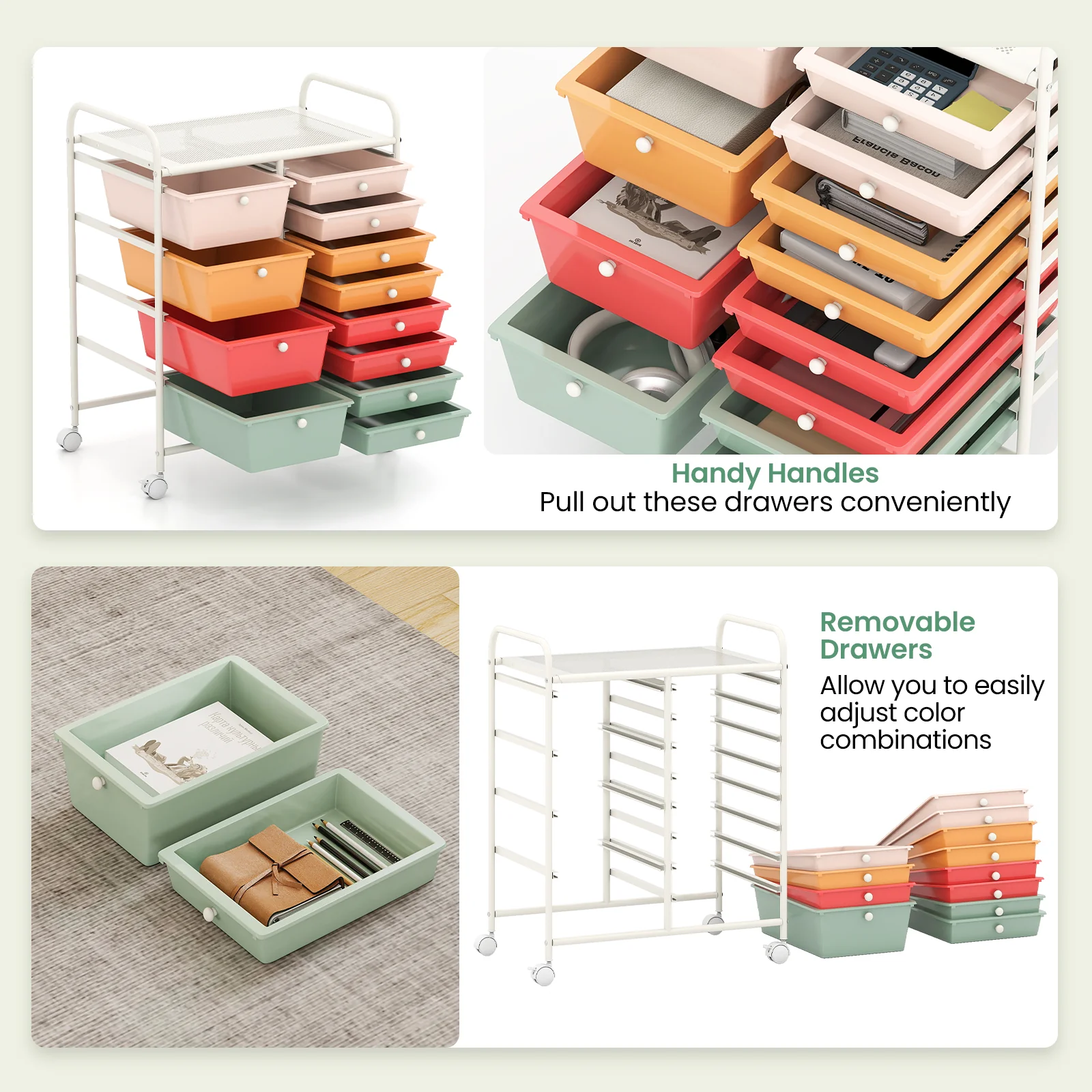 12-Drawer Utility Rolling Cart with Drawers Multi-Use Storage, Macaron - Image 7