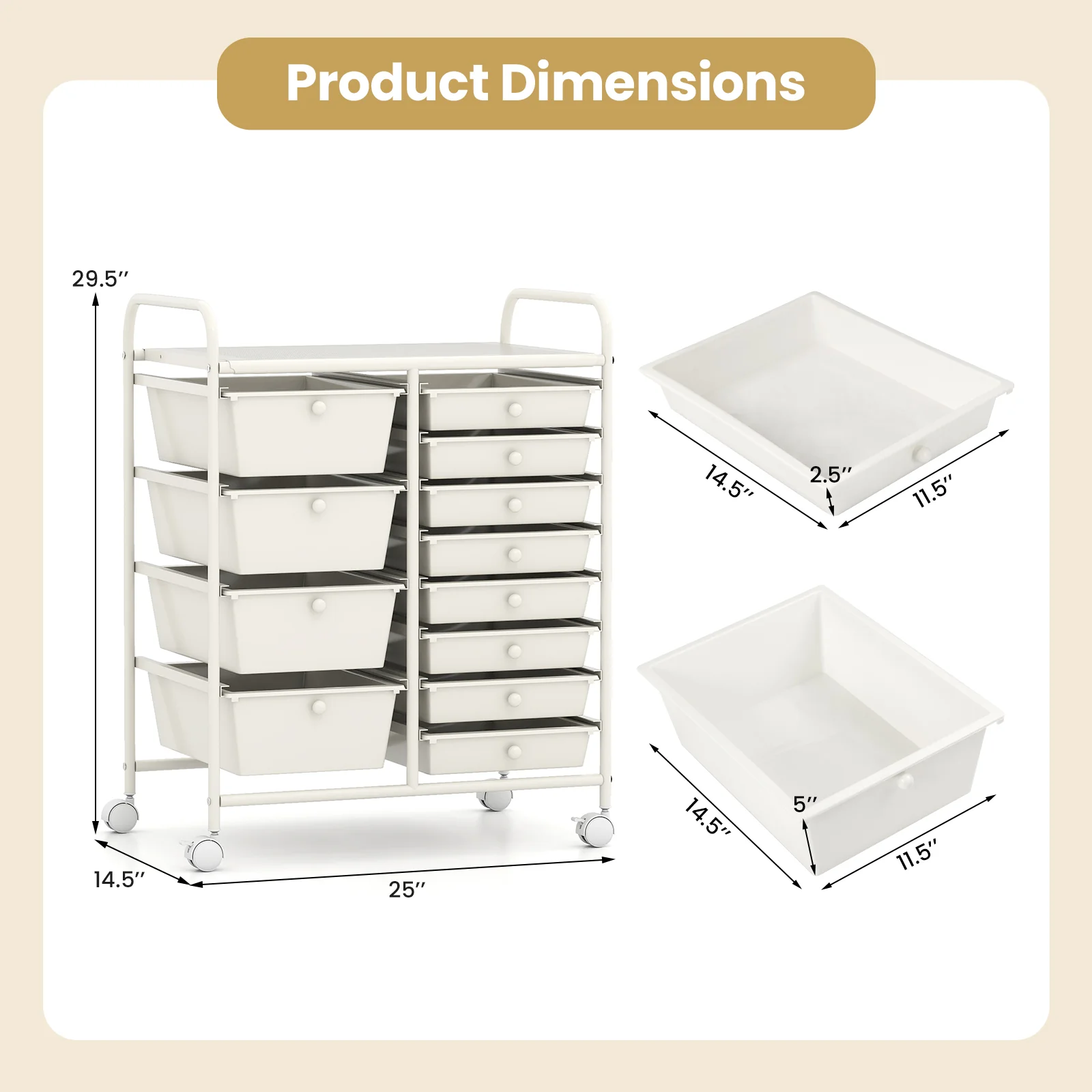 12-Drawer Utility Rolling Cart with Drawers Multi-Use Storage, White - Image 6