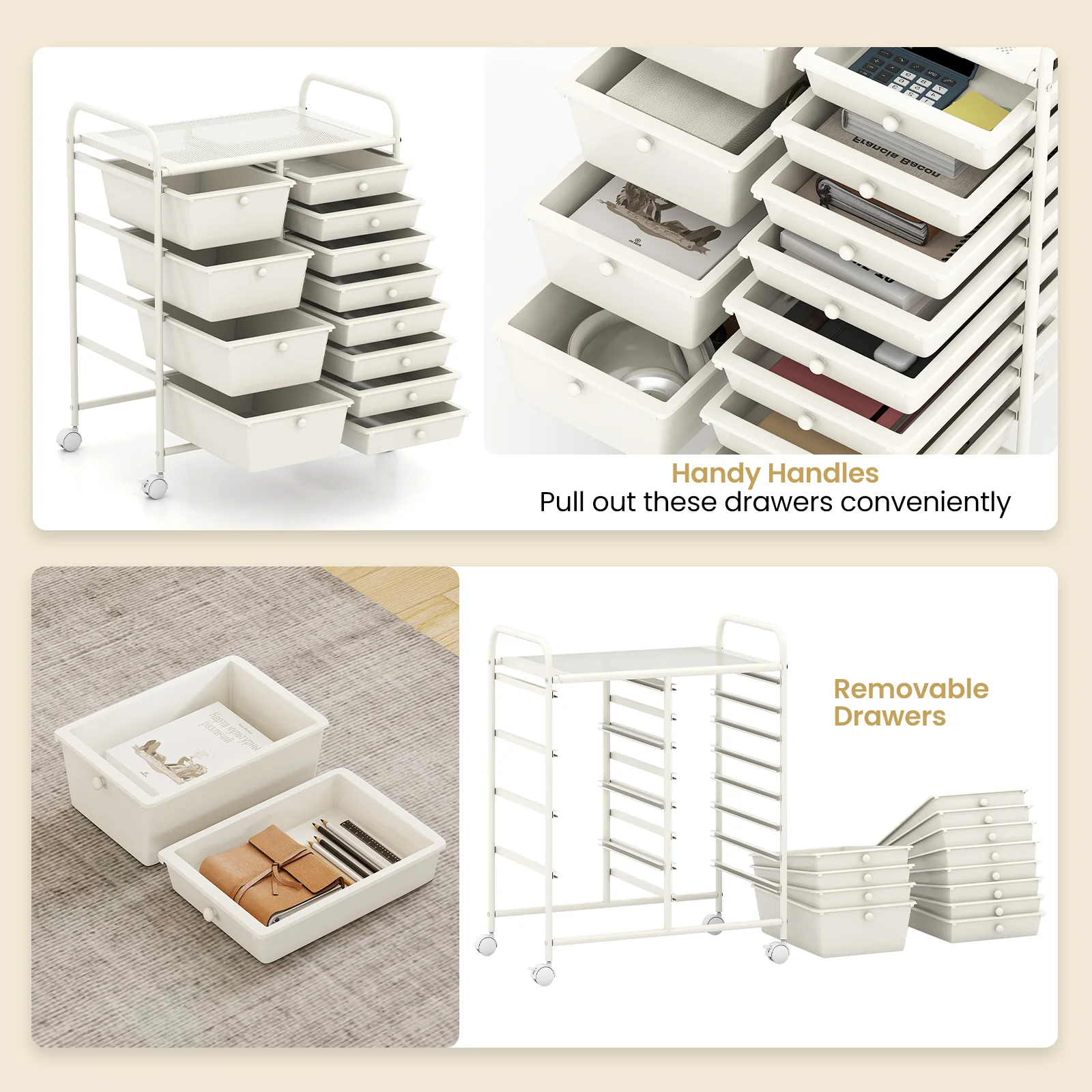 12-Drawer Utility Rolling Cart with Drawers Multi-Use Storage, White - Image 8