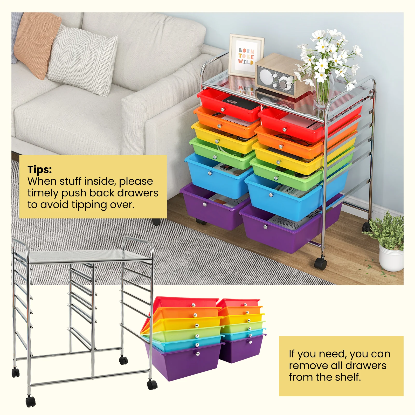 12 Drawers Rolling Cart, Scrapbook Paper Organizer Bins, Multicolor - Image 7