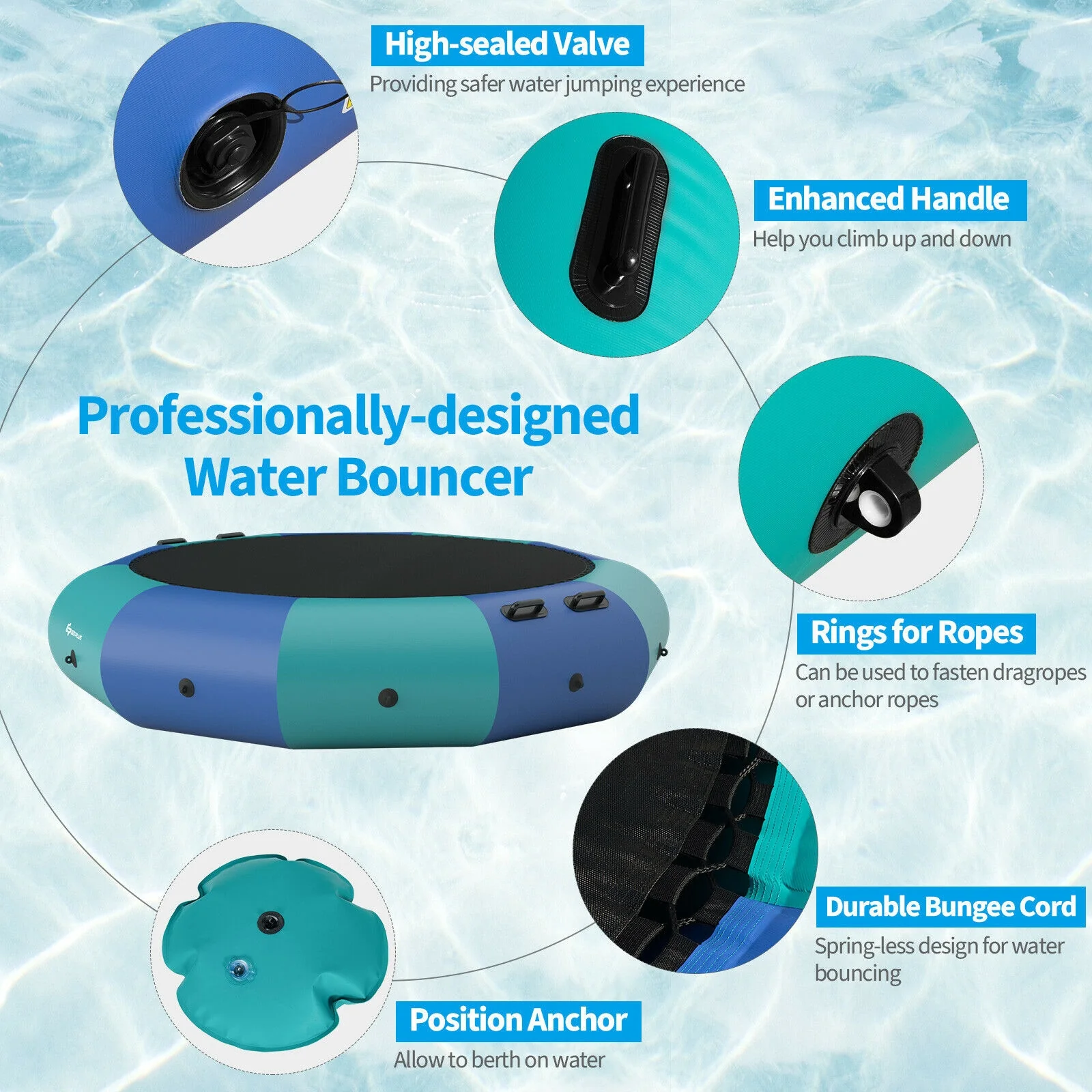 12 Feet Inflatable Splash Padded Water Bouncer Trampoline, Blue - Image 10