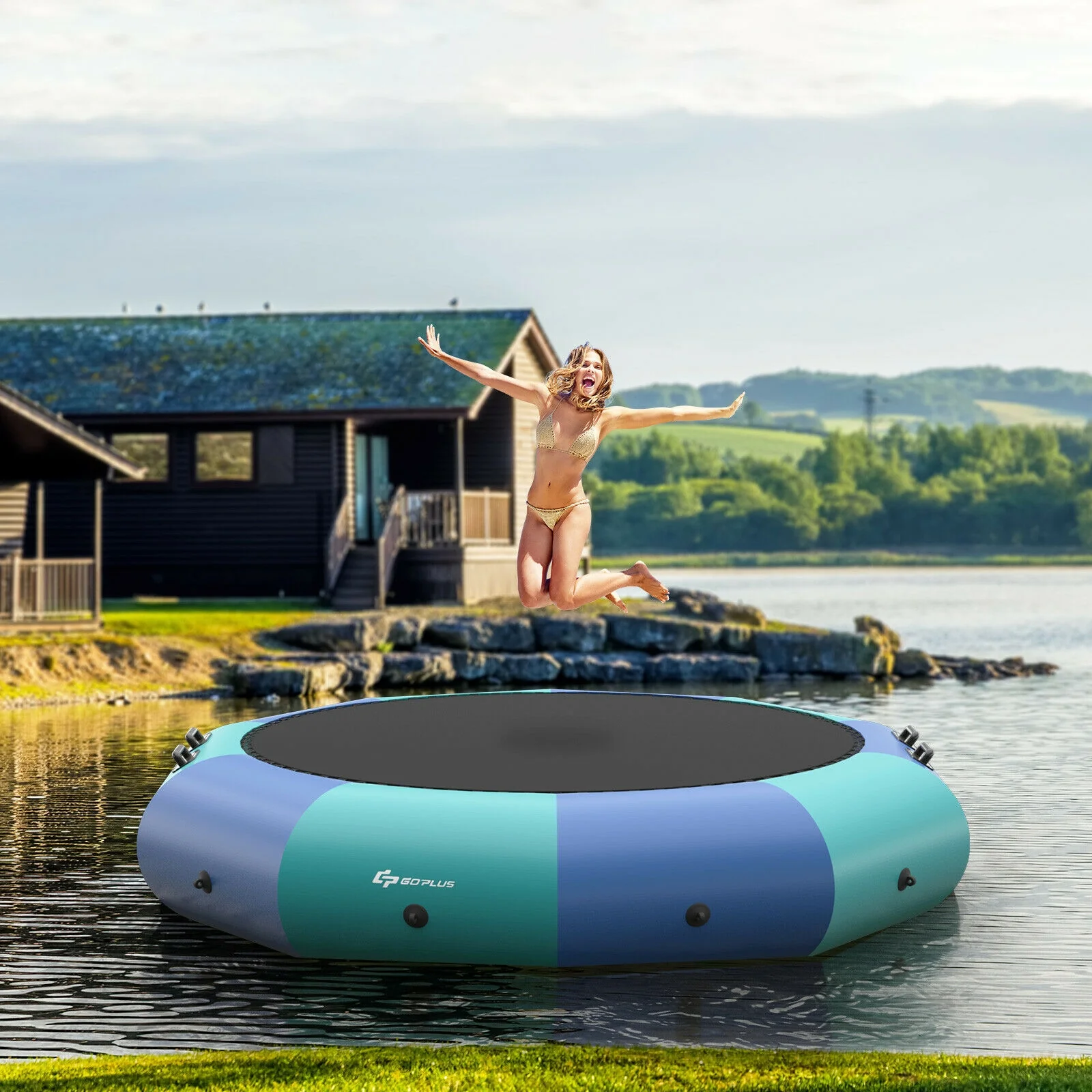 12 Feet Inflatable Splash Padded Water Bouncer Trampoline, Blue - Image 2
