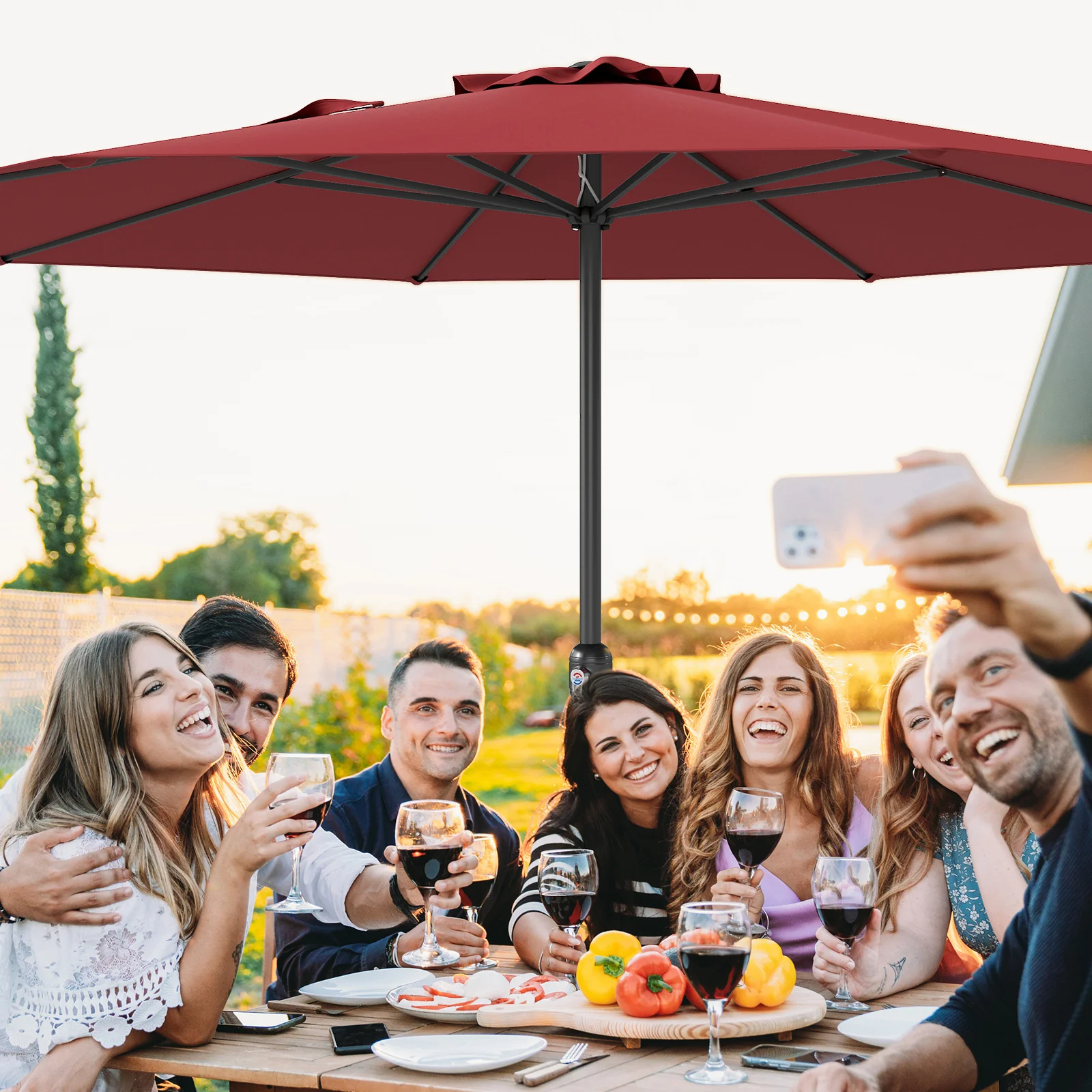 12 Feet Patio Umbrella, Crank Handle, 8 Ribs, Red - Image 3